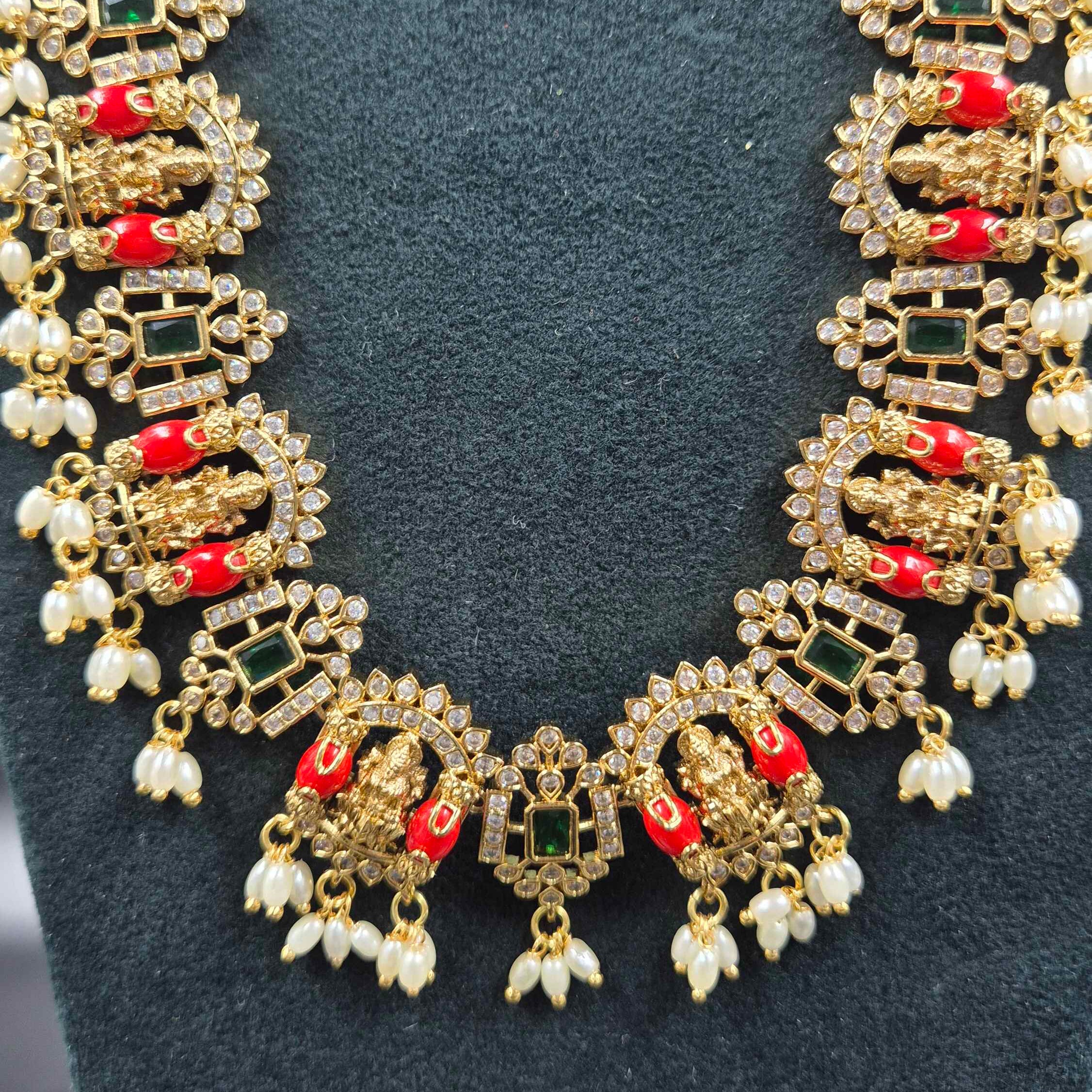 Orange Coral Lakshmi Haram with Pearl Drops | Traditional Temple Jewellery
