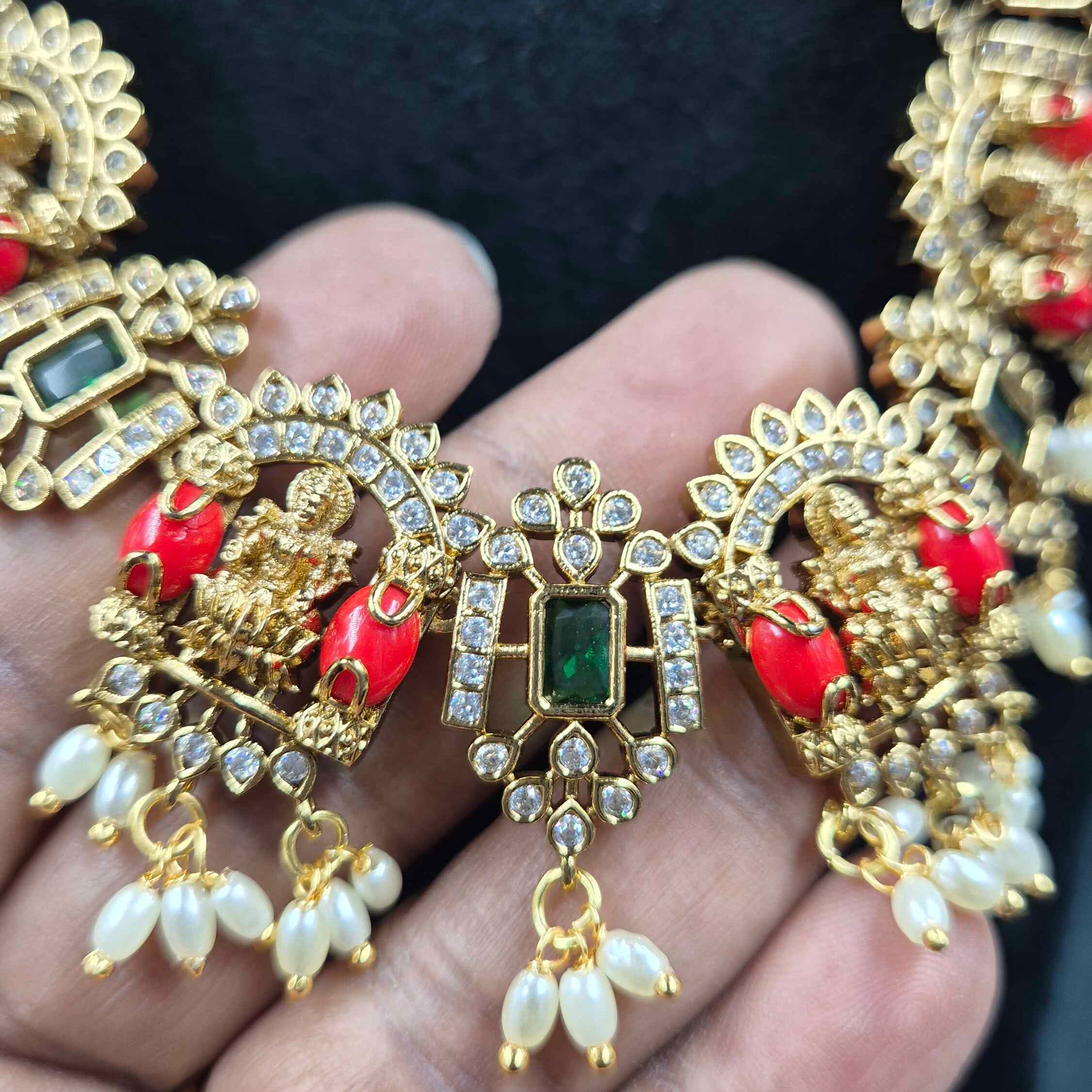 Orange Coral Lakshmi Haram with Pearl Drops | Traditional Temple Jewellery