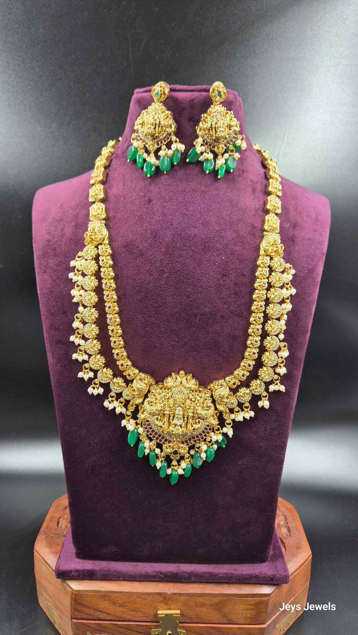 Step model Long Lakshmi Haram with Green Beads & Pearl Drops | Traditional Bridal Jewellery