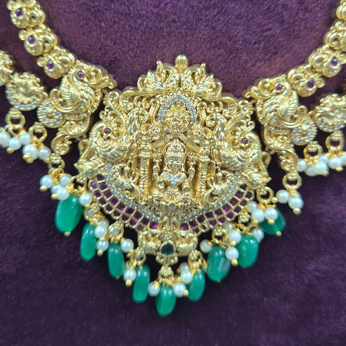 Step model Long Lakshmi Haram with Green Beads & Pearl Drops | Traditional Bridal Jewellery