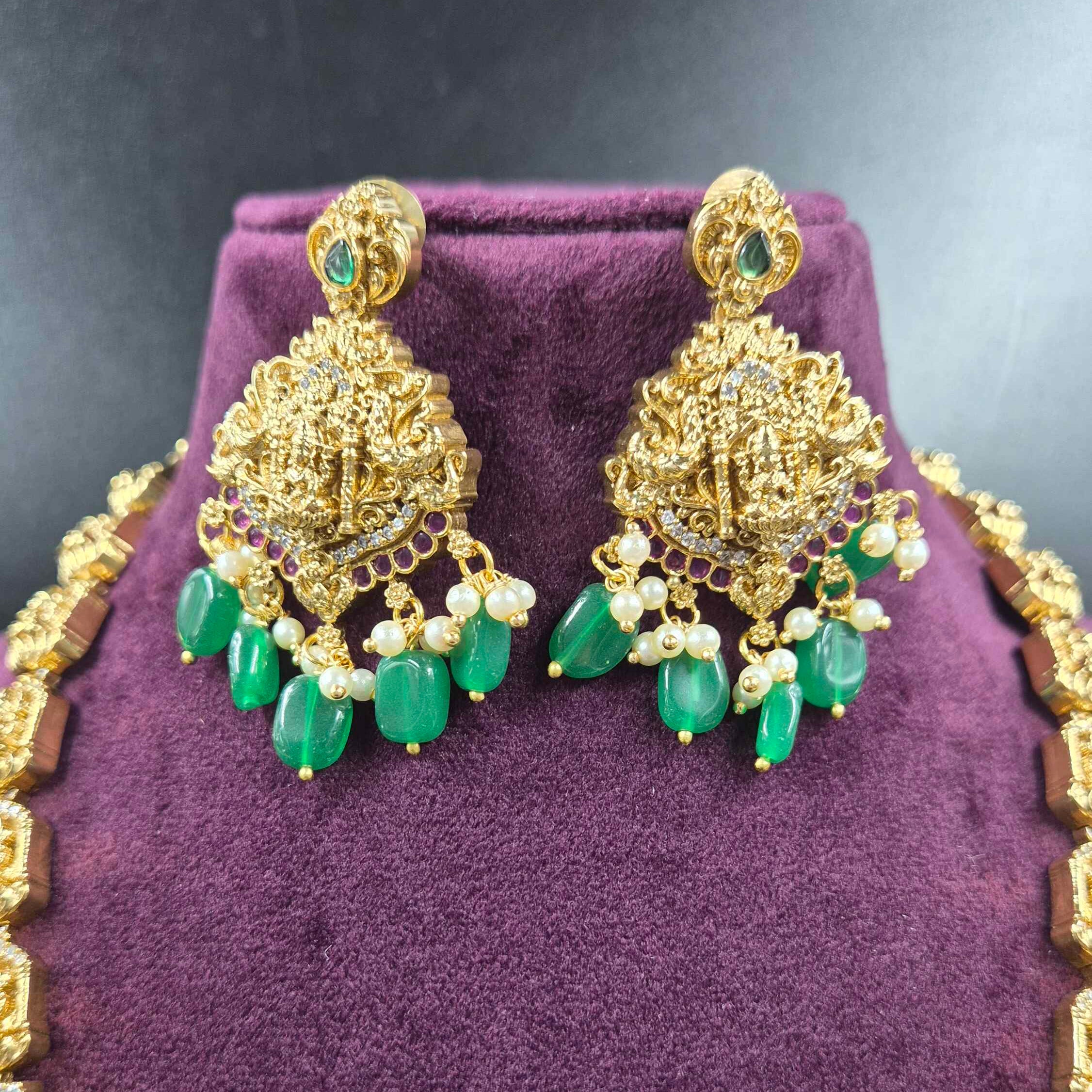 Step model Long Lakshmi Haram with Green Beads & Pearl Drops | Traditional Bridal Jewellery