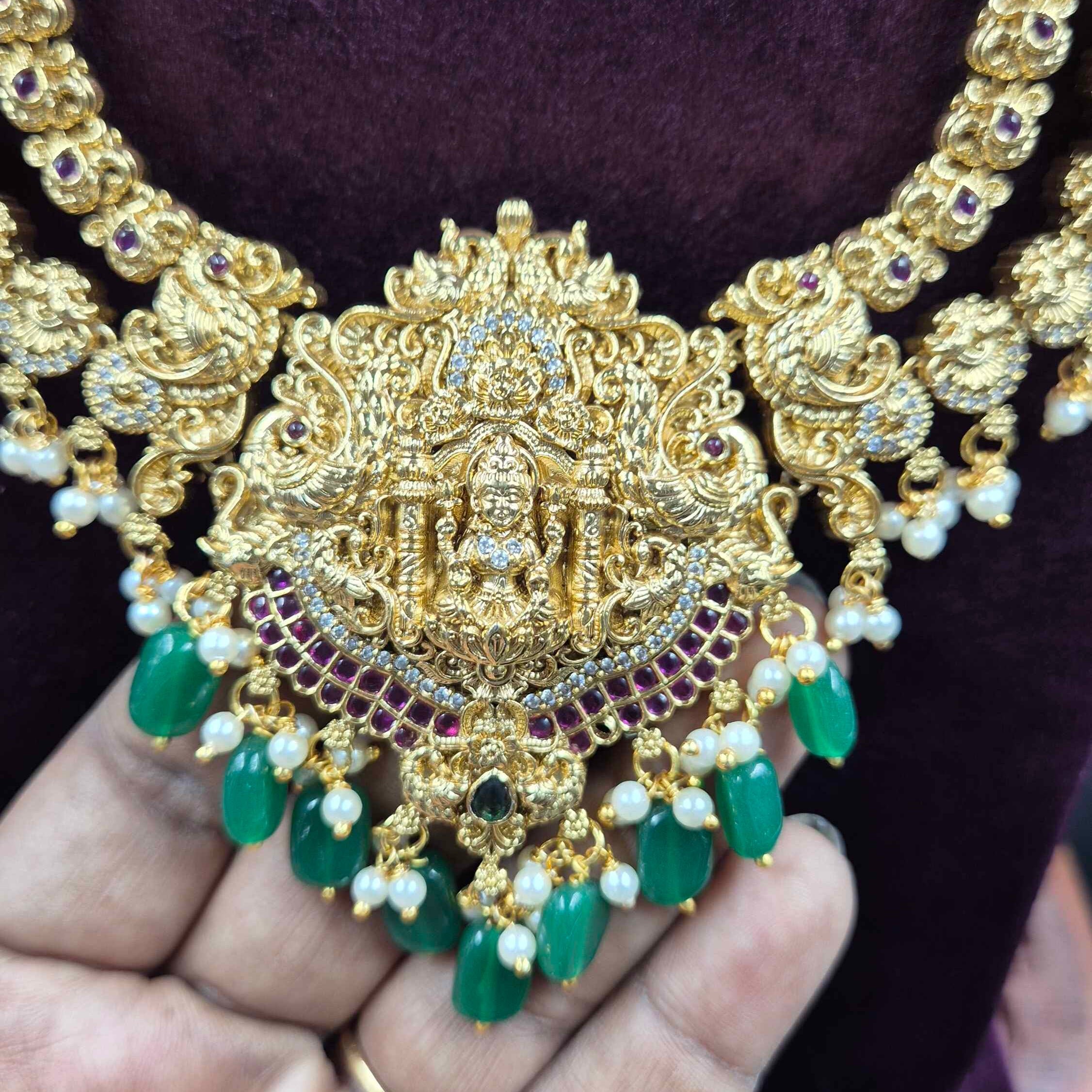 Step model Long Lakshmi Haram with Green Beads & Pearl Drops | Traditional Bridal Jewellery