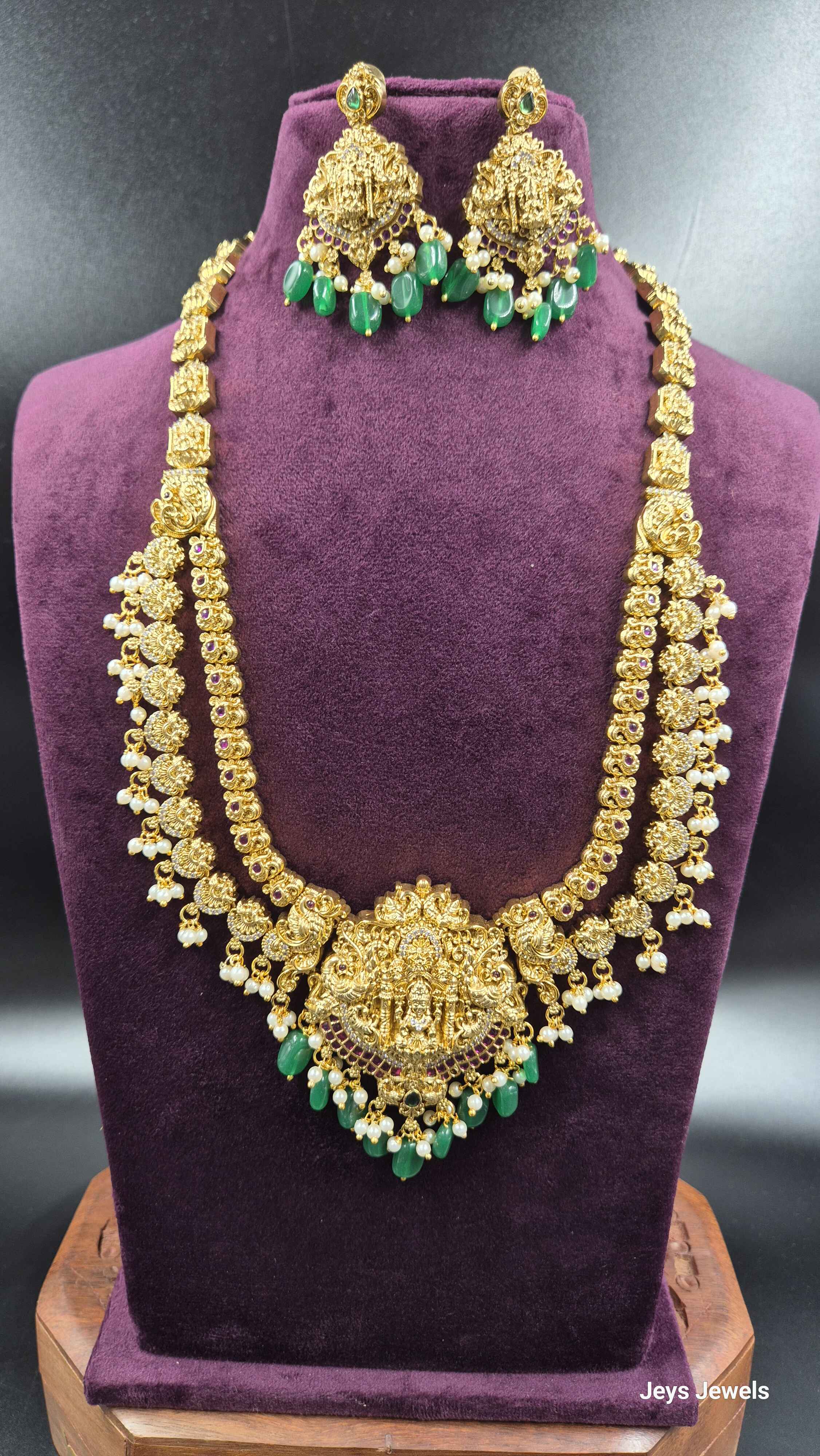 Step model Long Lakshmi Haram with Green Beads & Pearl Drops | Traditional Bridal Jewellery