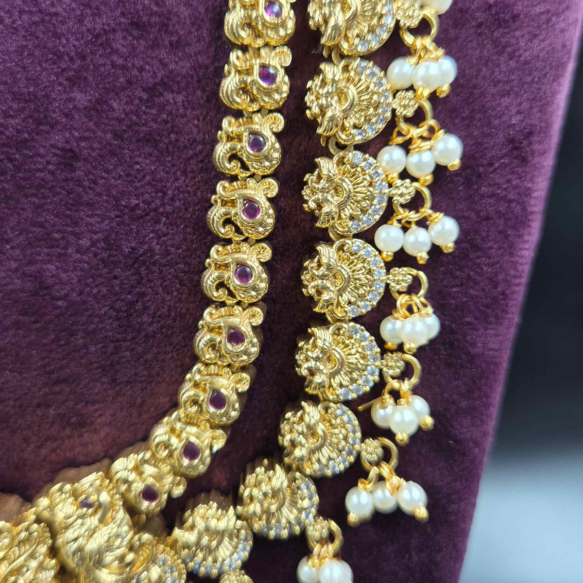 Step model Long Lakshmi Haram with Green Beads & Pearl Drops | Traditional Bridal Jewellery
