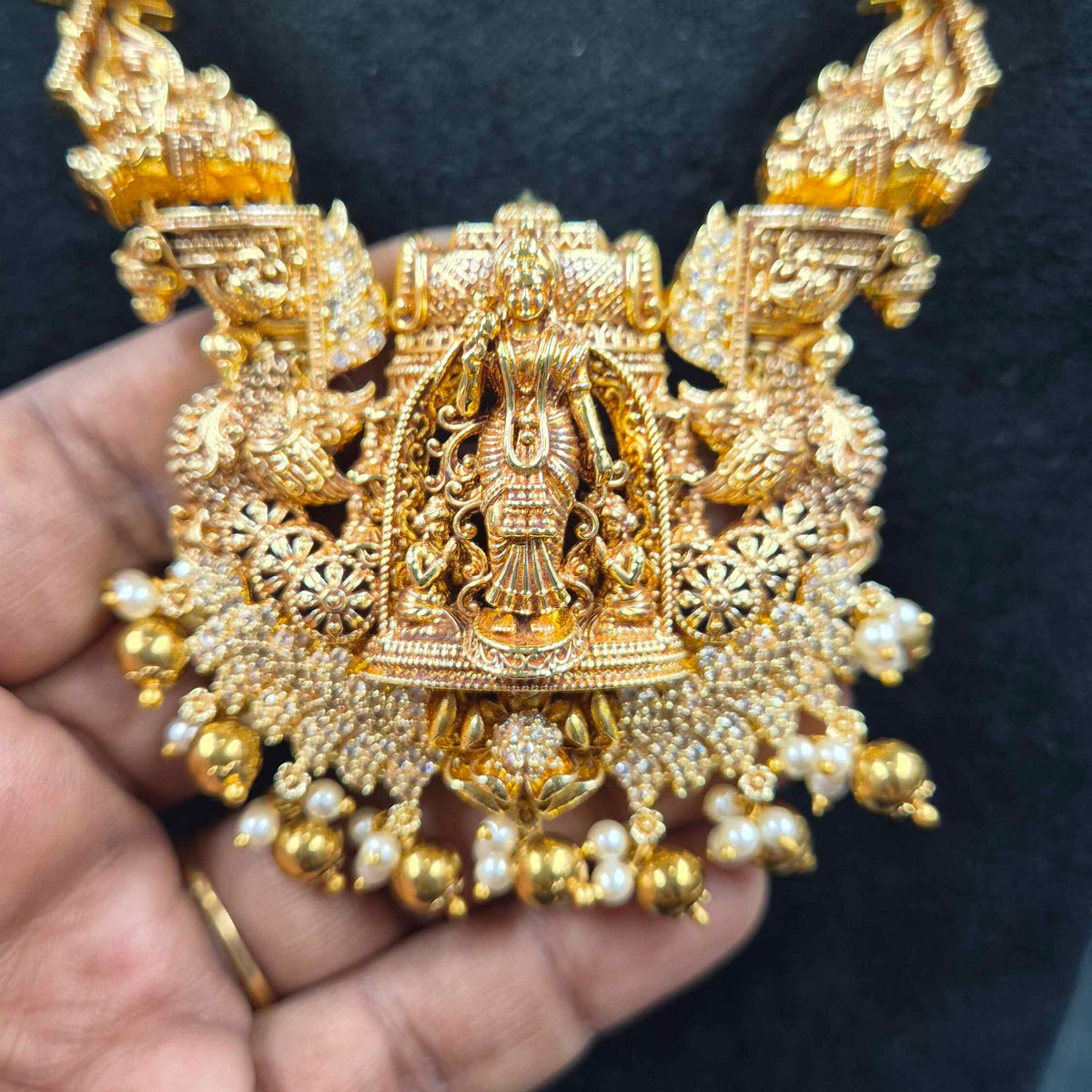 Meenakshi Devi Temple Haram with Pearl Drops | Traditional South Indian Jewellery