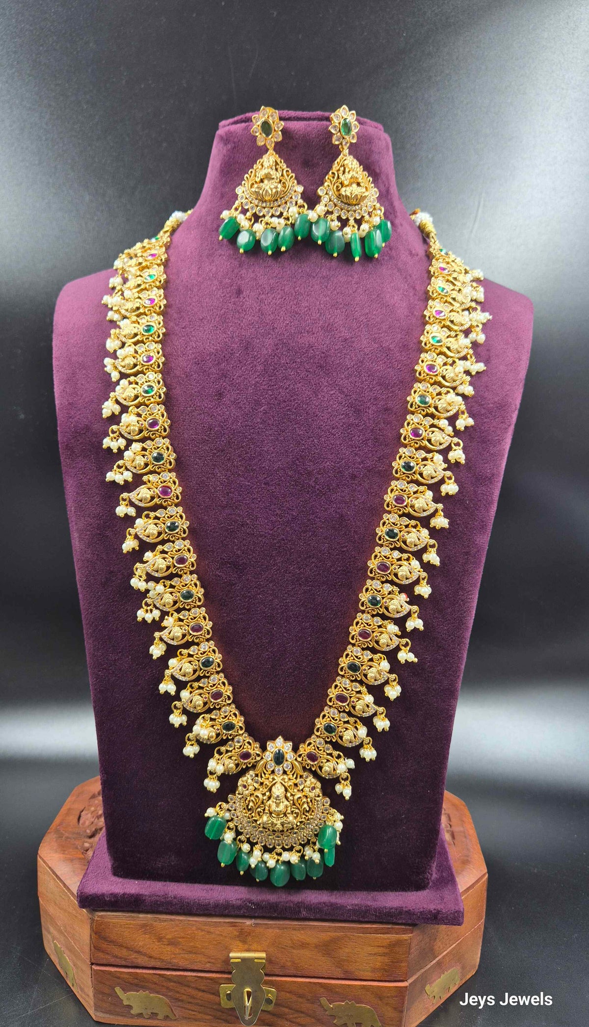 Multicolour Peacock Lakshmi Haram with Green Beads & Pearl Drops | Traditional Jewellery