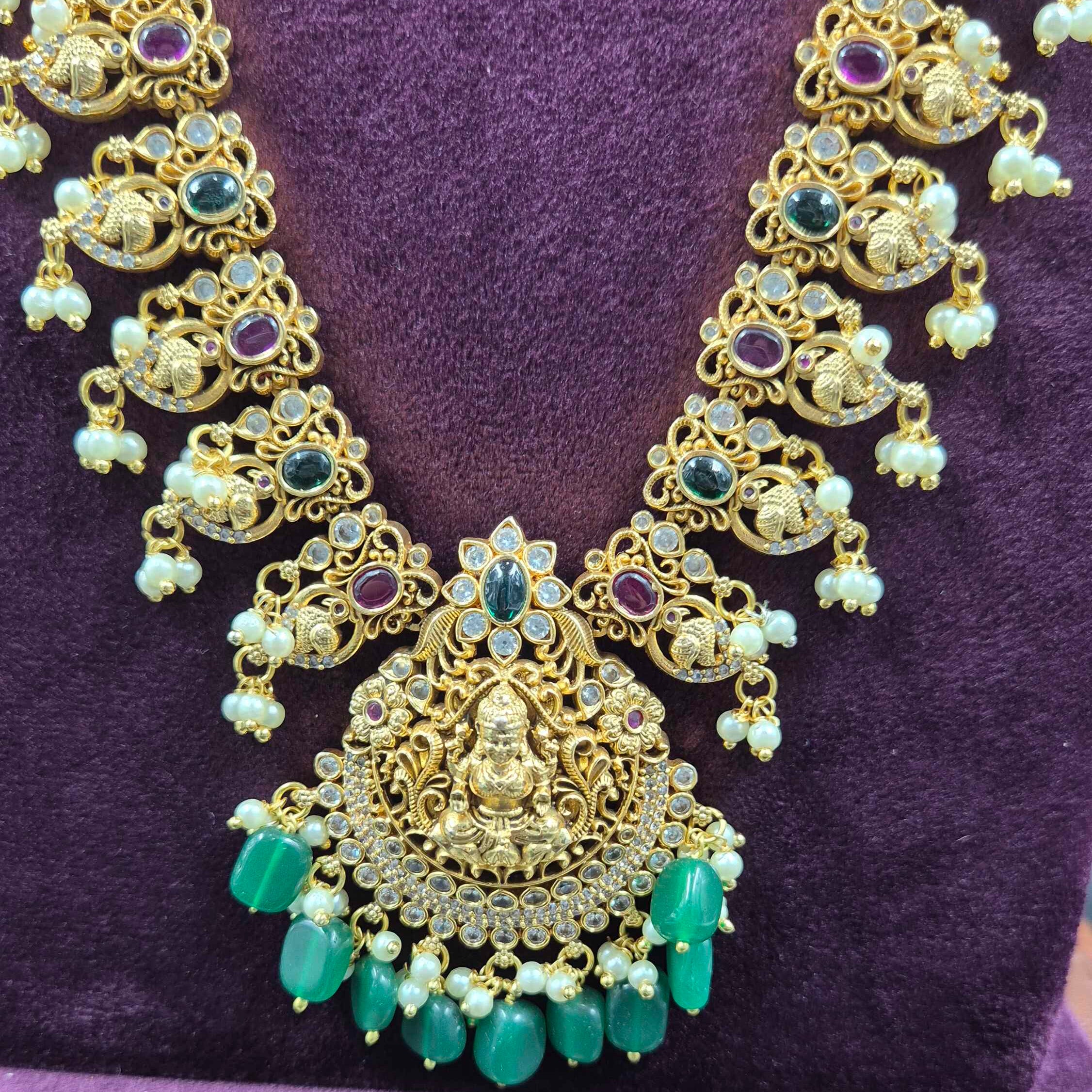 Multicolour Peacock Lakshmi Haram with Green Beads & Pearl Drops | Traditional Jewellery