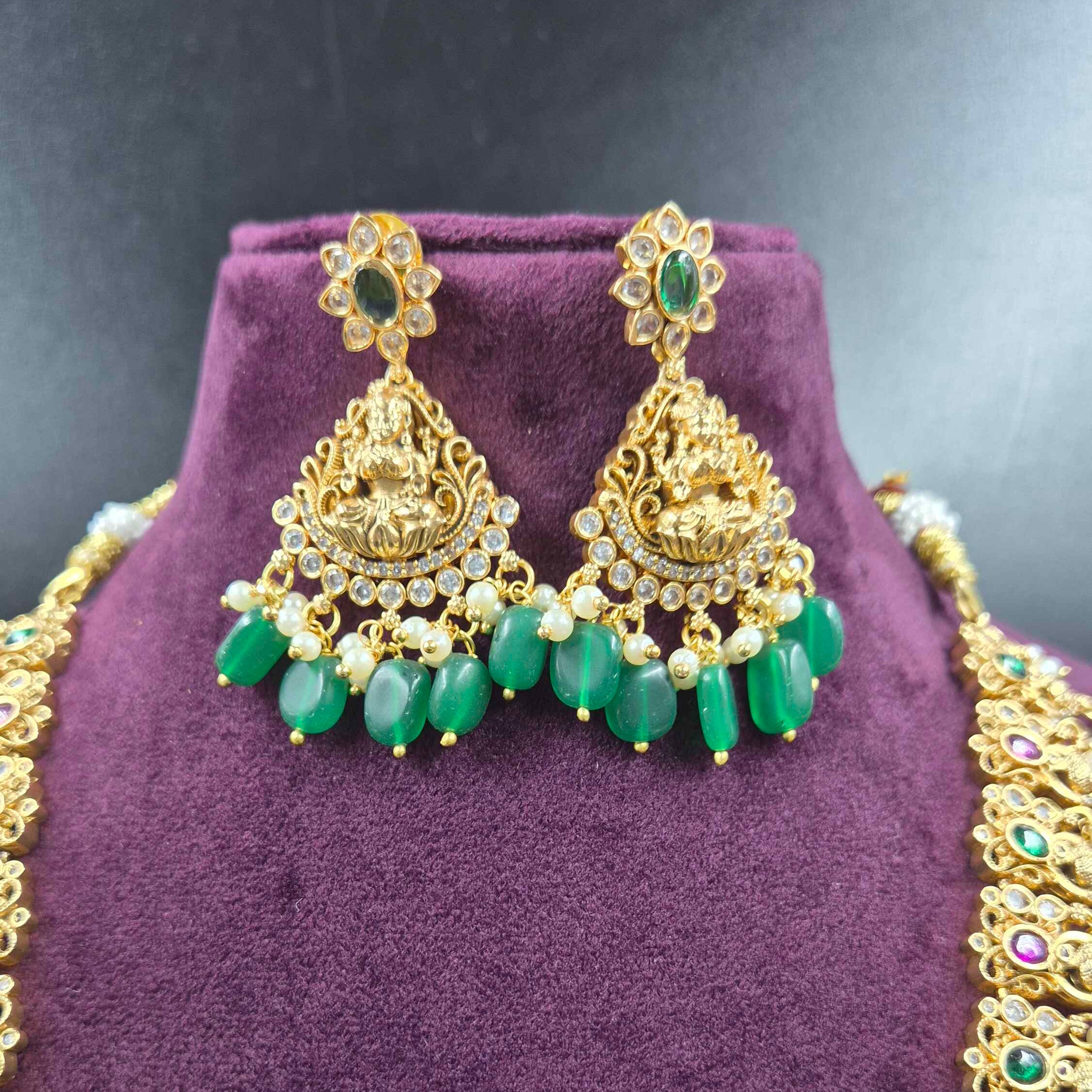 Multicolour Peacock Lakshmi Haram with Green Beads & Pearl Drops | Traditional Jewellery