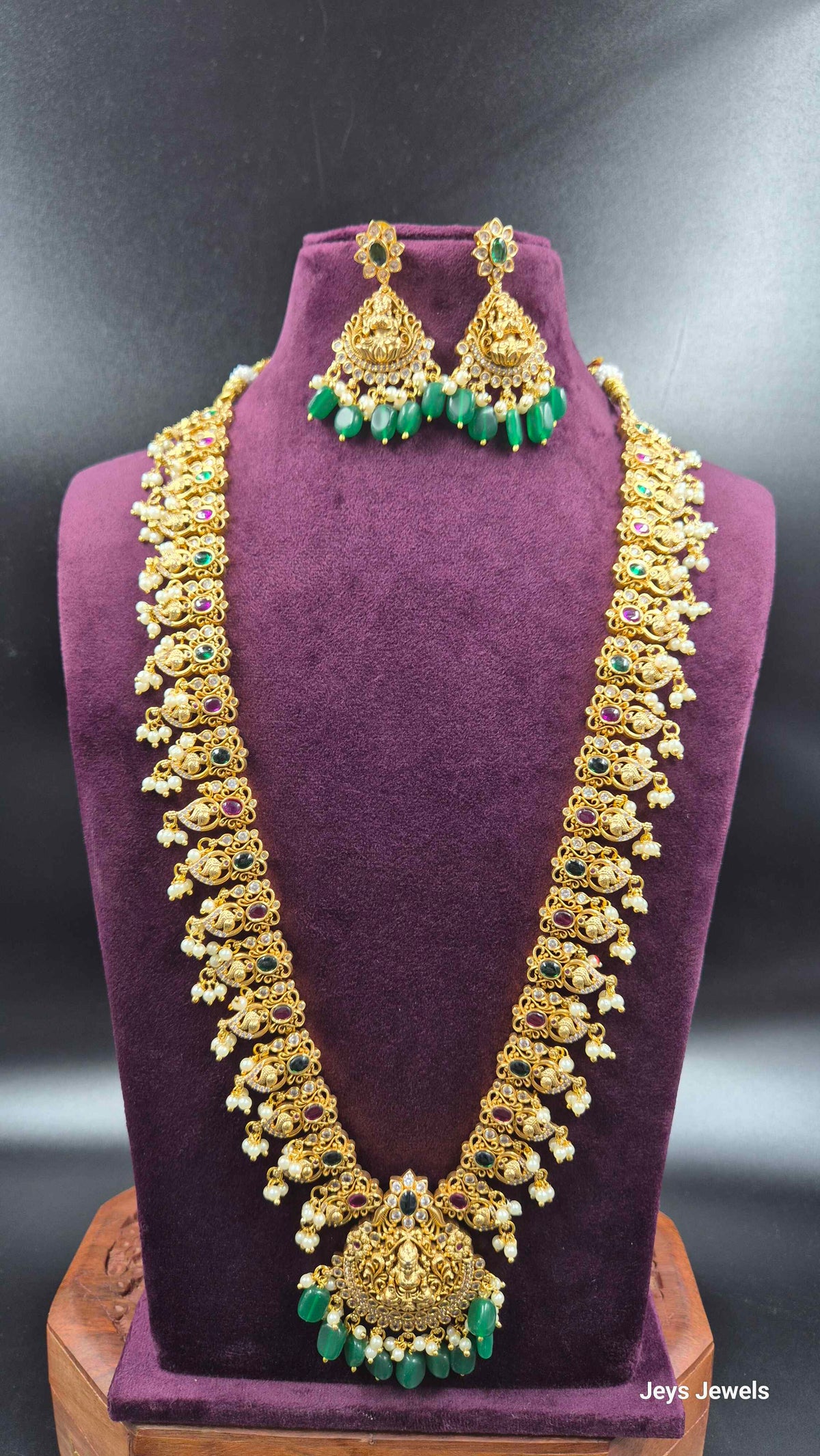 Multicolour Peacock Lakshmi Haram with Green Beads & Pearl Drops | Traditional Jewellery