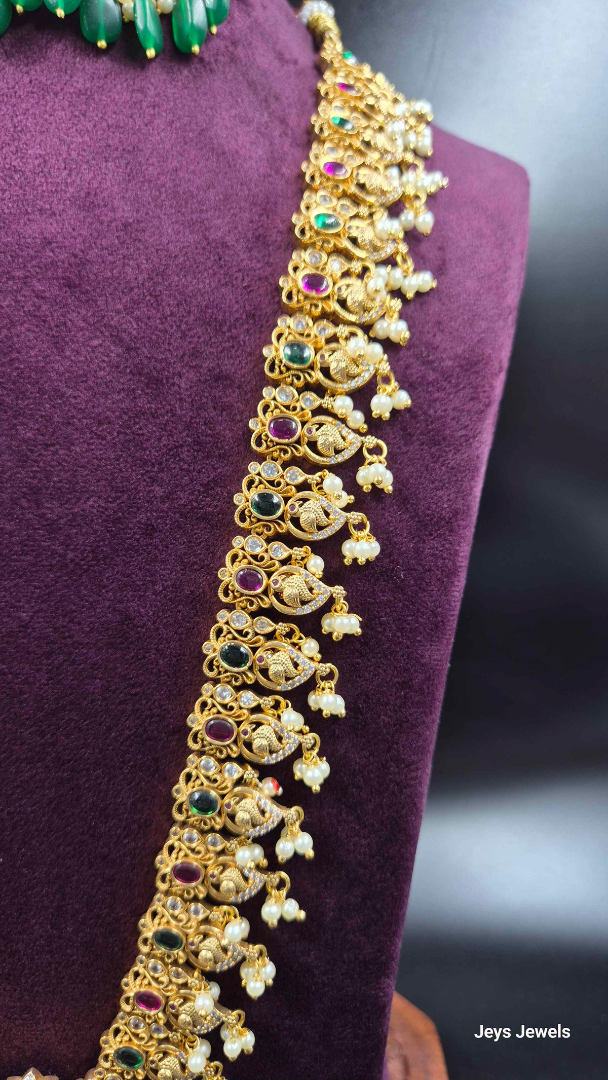 Multicolour Peacock Lakshmi Haram with Green Beads & Pearl Drops | Traditional Jewellery
