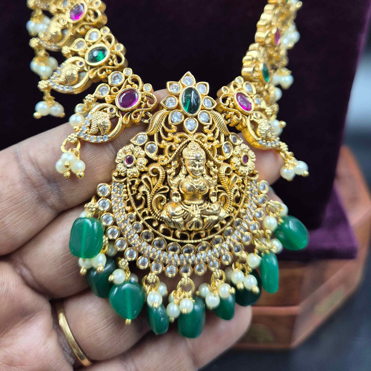 Multicolour Peacock Lakshmi Haram with Green Beads & Pearl Drops | Traditional Jewellery