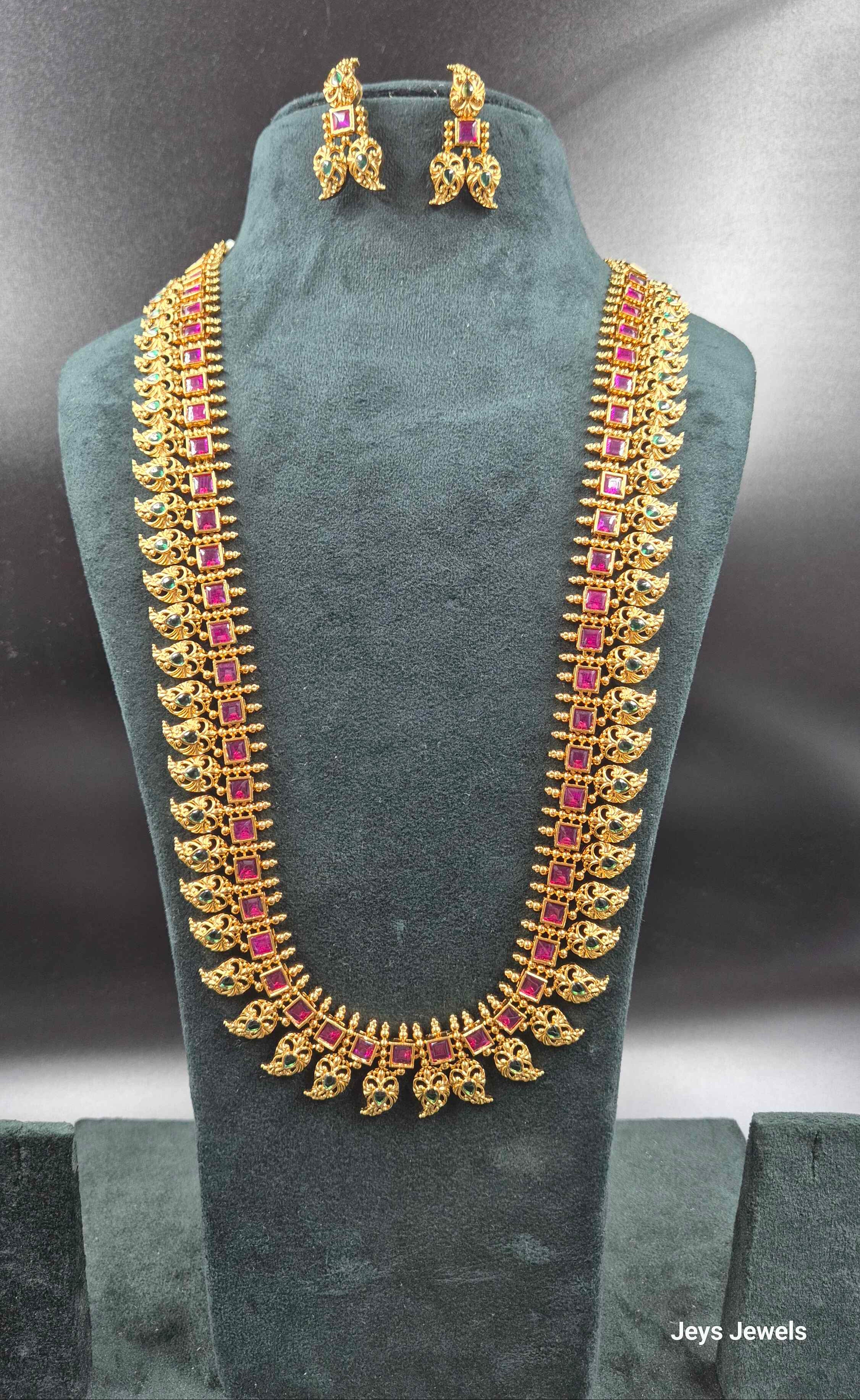 Traditional mango haram in Ruby Square Stone with Peacock Motifs | Traditional Bridal Jewellery