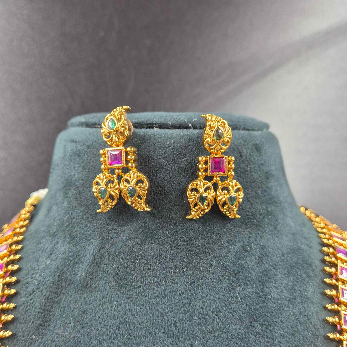 Traditional mango haram in Ruby Square Stone with Peacock Motifs | Traditional Bridal Jewellery
