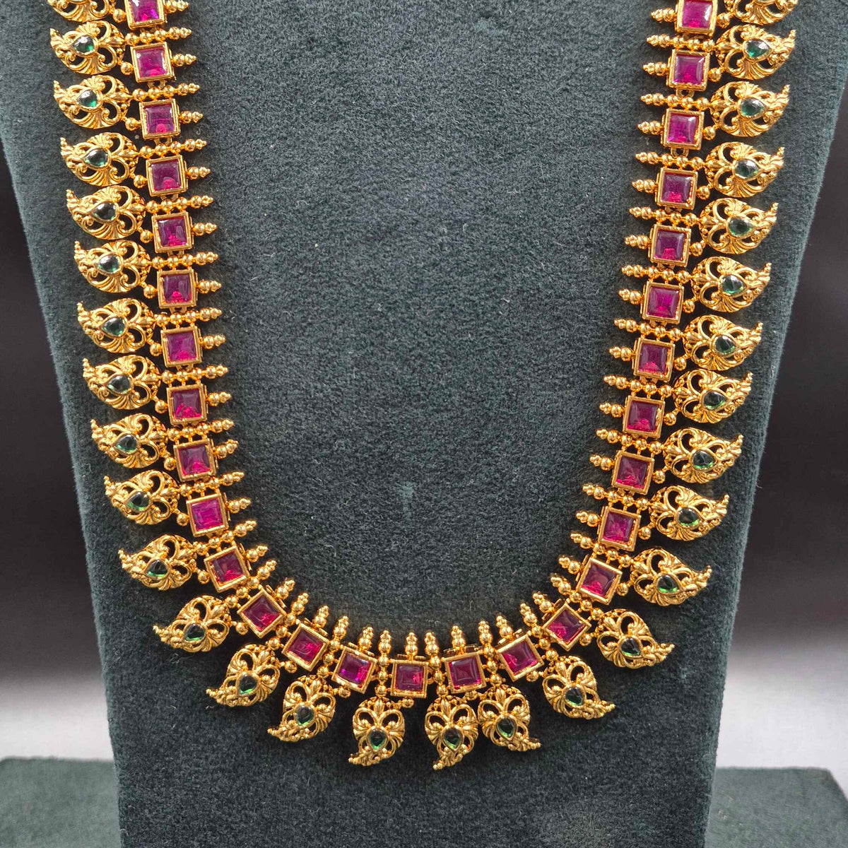 Traditional mango haram in Ruby Square Stone with Peacock Motifs | Traditional Bridal Jewellery