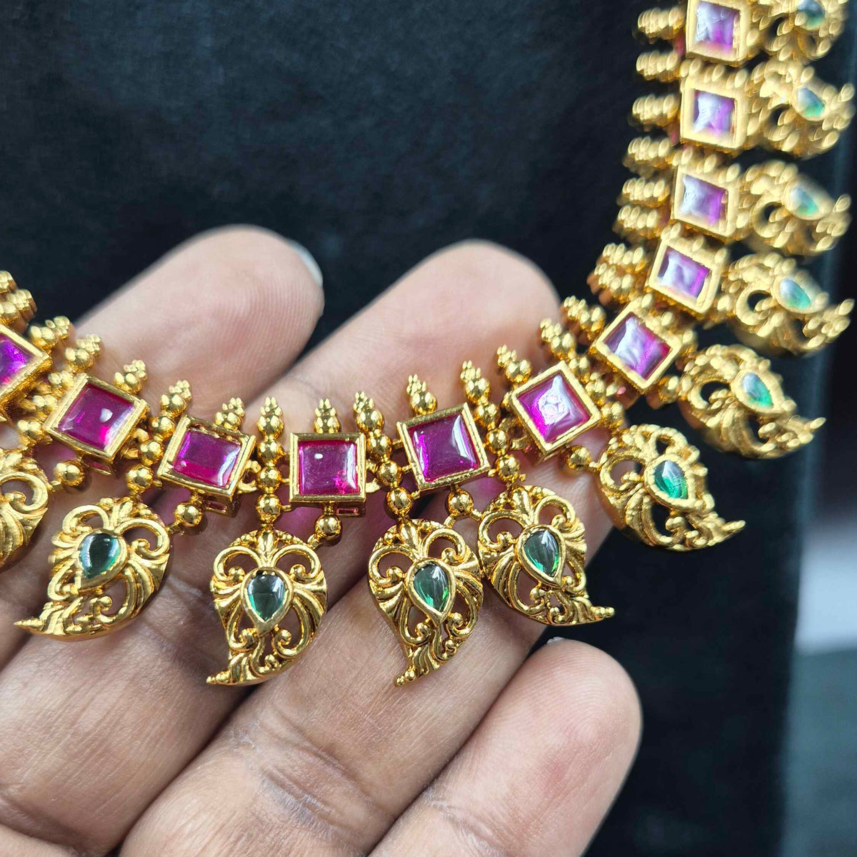 Traditional mango haram in Ruby Square Stone with Peacock Motifs | Traditional Bridal Jewellery