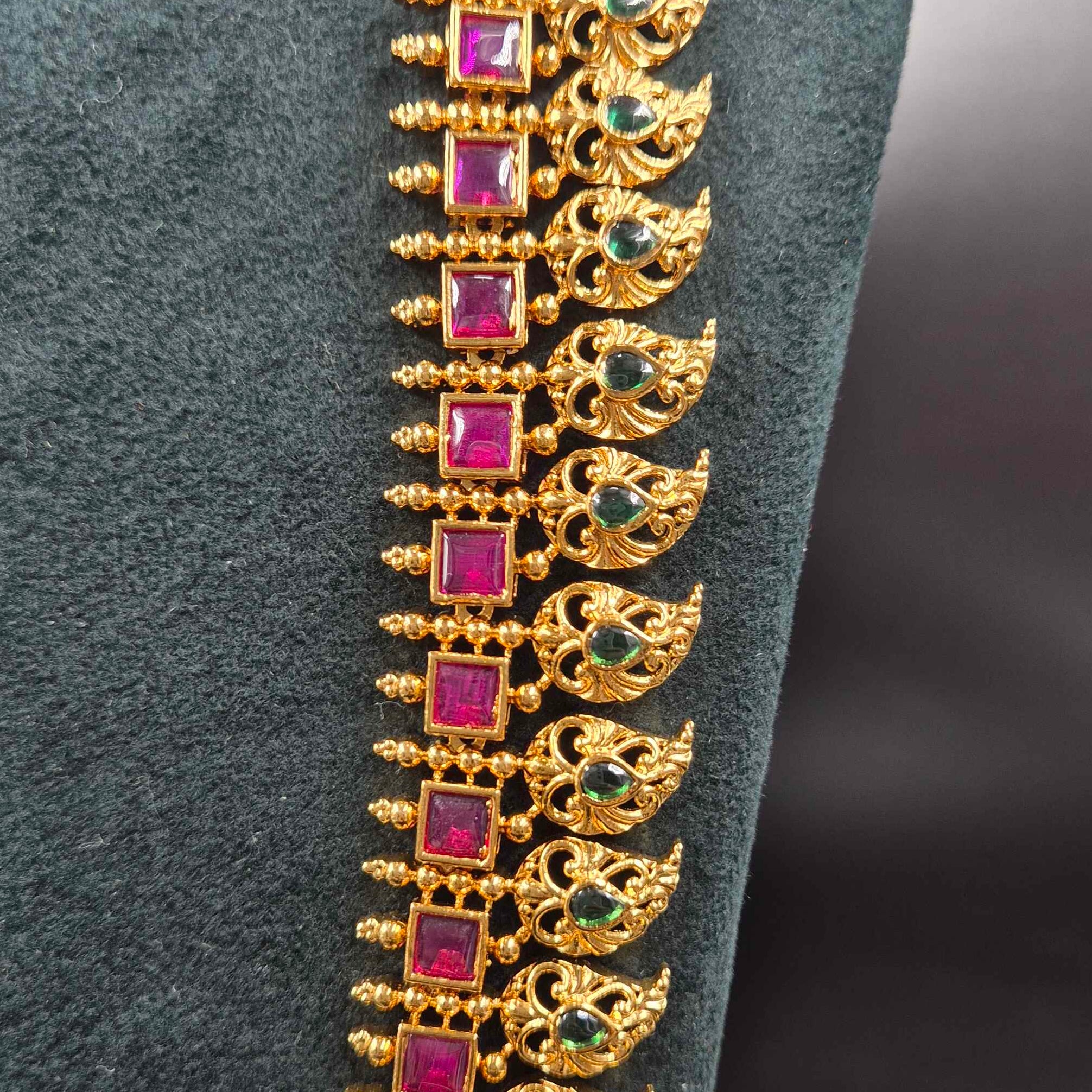 Traditional mango haram in Ruby Square Stone with Peacock Motifs | Traditional Bridal Jewellery
