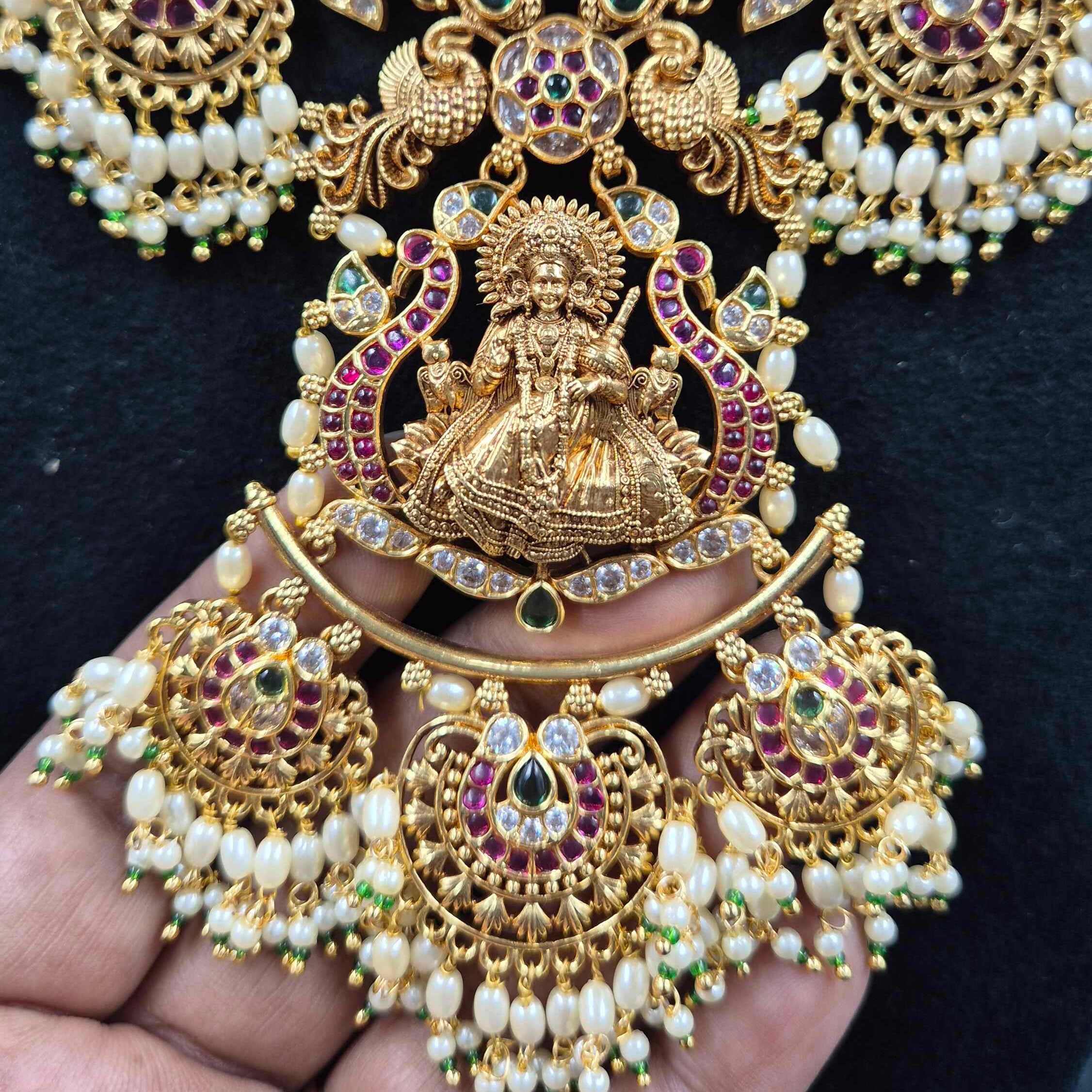 Anna Poorani Devi pendant ,Jadau Kundan Necklace Set with Pearl Drops | Bridal Jewellery