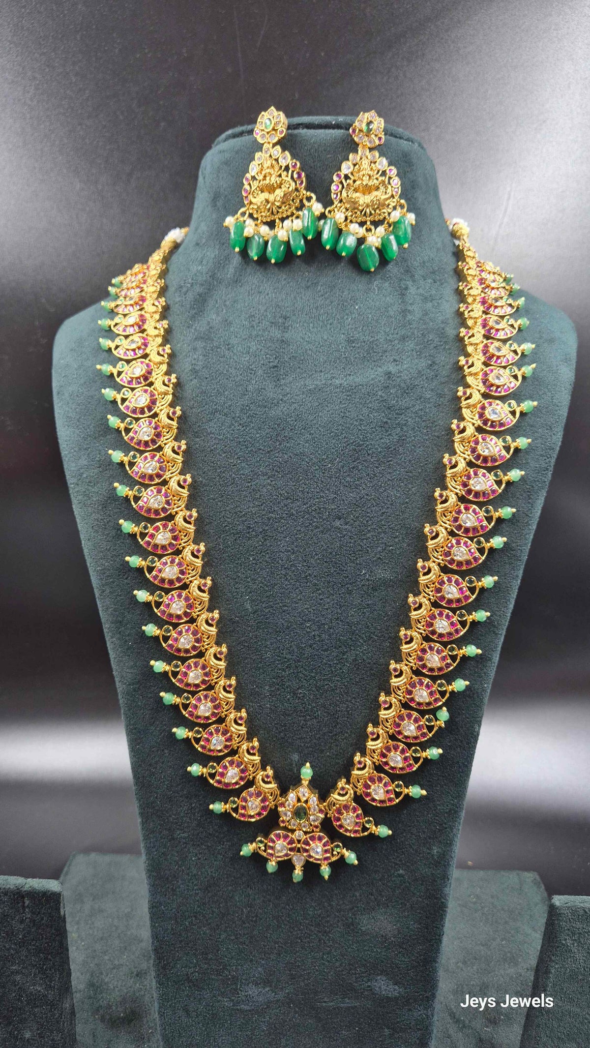 Dual detachatable pendant Mango Design Traditional Haram with Lakshmi Pendant & Green Beads | Bridal Jewellery
