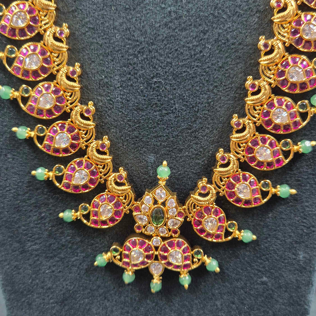 Dual detachatable pendant Mango Design Traditional Haram with Lakshmi Pendant & Green Beads | Bridal Jewellery