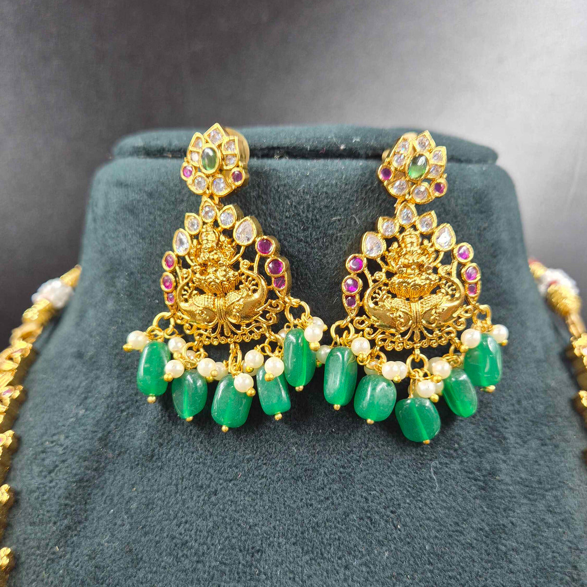Dual detachatable pendant Mango Design Traditional Haram with Lakshmi Pendant & Green Beads | Bridal Jewellery