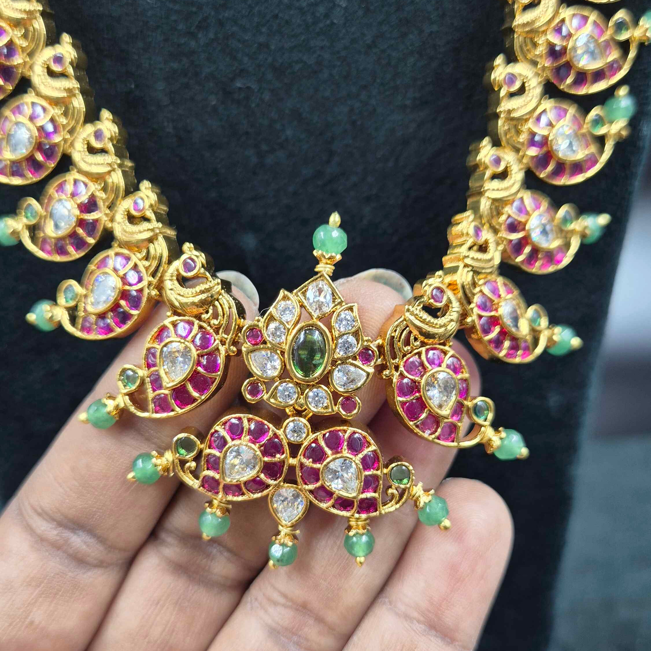 Dual detachatable pendant Mango Design Traditional Haram with Lakshmi Pendant & Green Beads | Bridal Jewellery