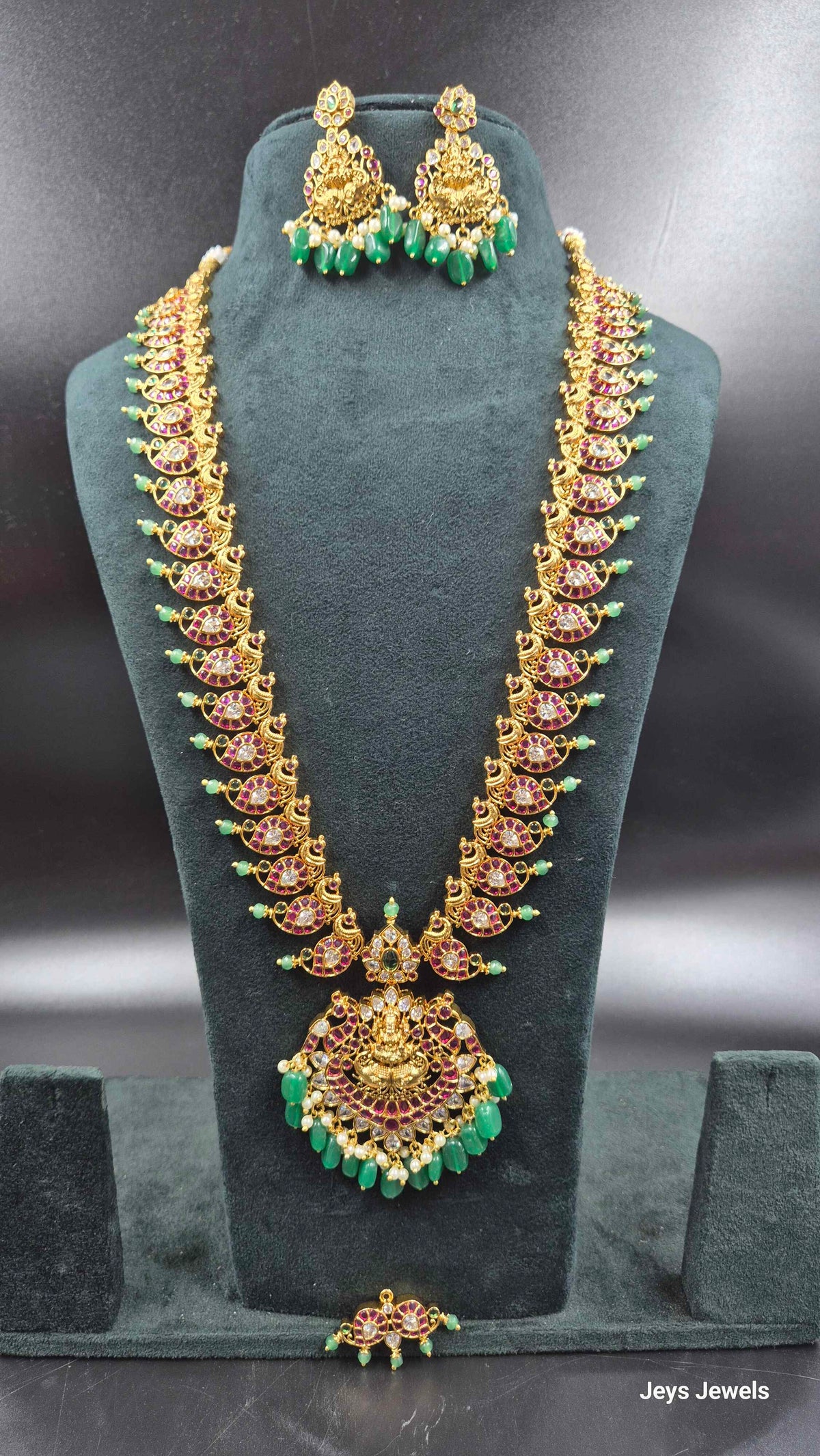 Dual detachatable pendant Mango Design Traditional Haram with Lakshmi Pendant & Green Beads | Bridal Jewellery