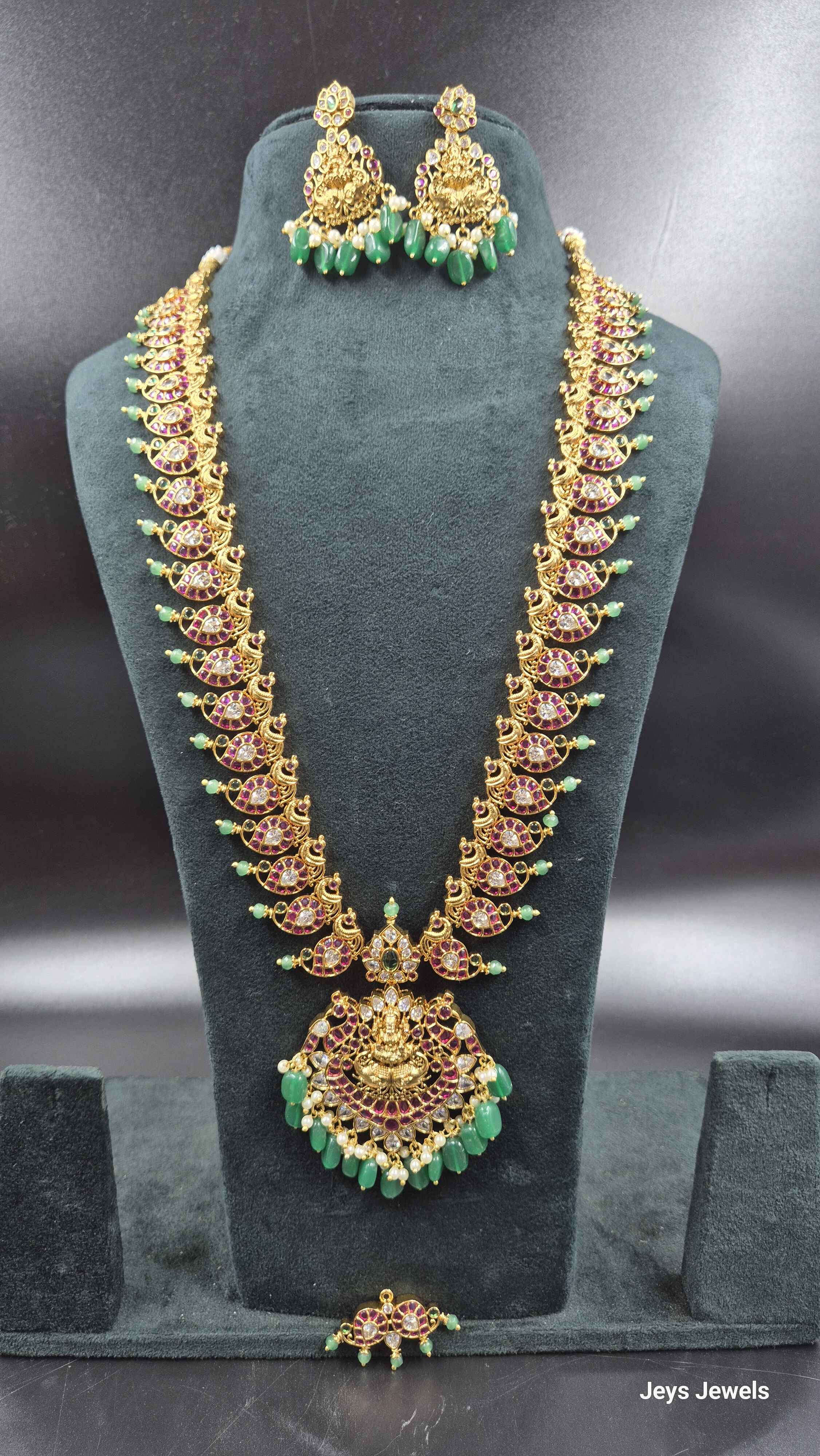 Dual detachatable pendant Mango Design Traditional Haram with Lakshmi Pendant & Green Beads | Bridal Jewellery