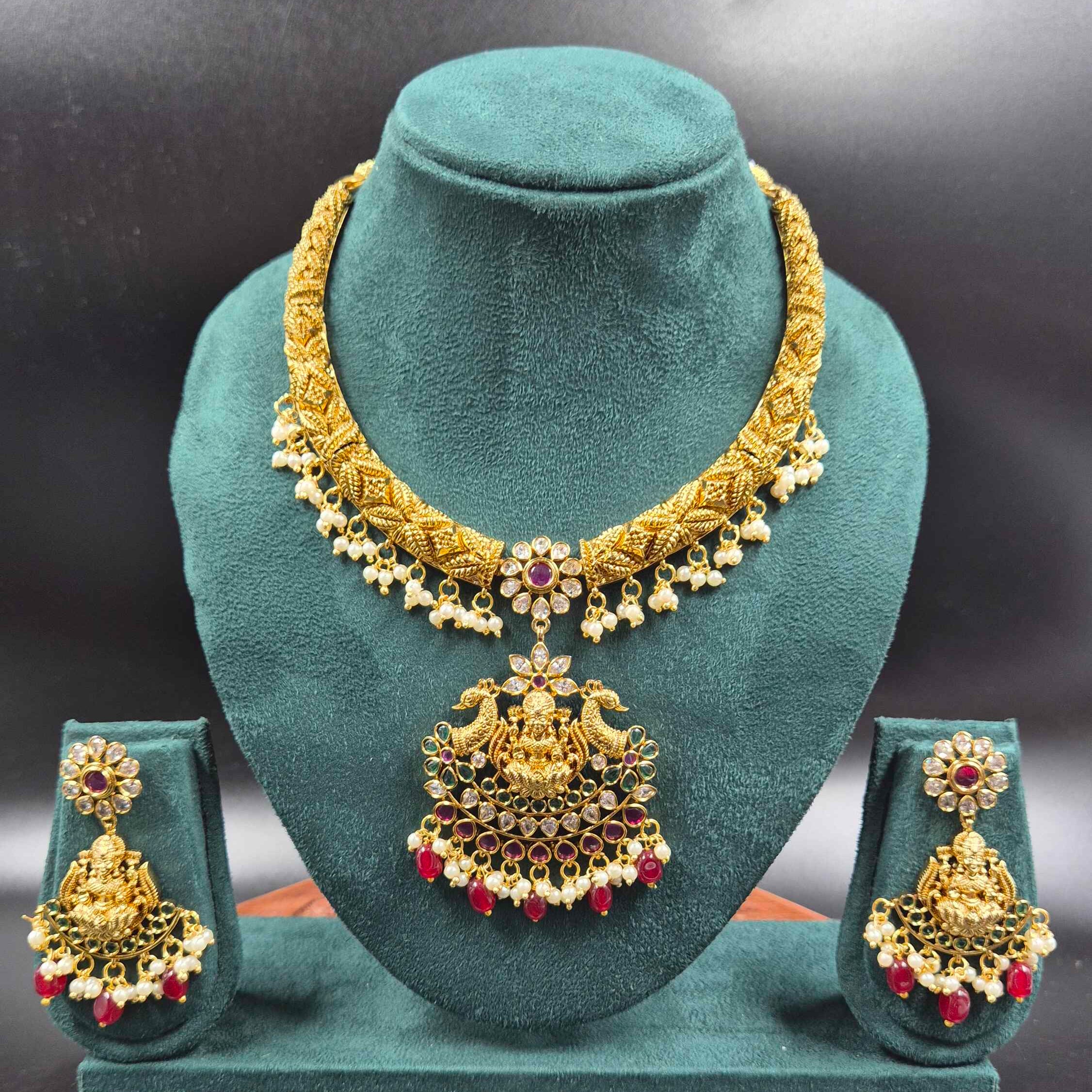 Hasli Necklace with Lakshmi Pendant & Pearl Drops | Traditional Temple Jewellery