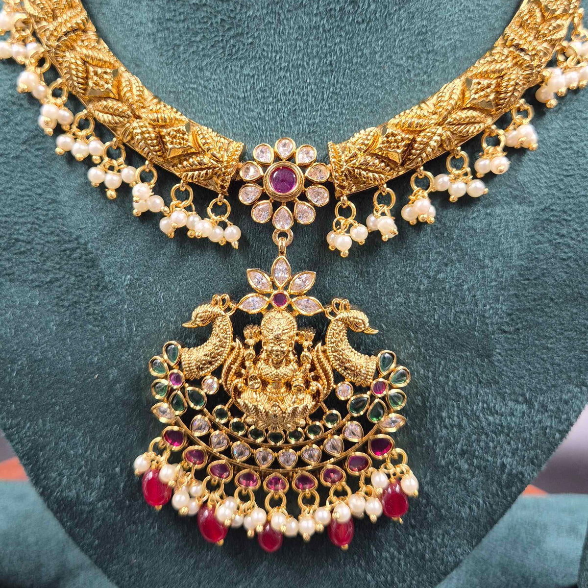 Hasli Necklace with Lakshmi Pendant & Pearl Drops | Traditional Temple Jewellery