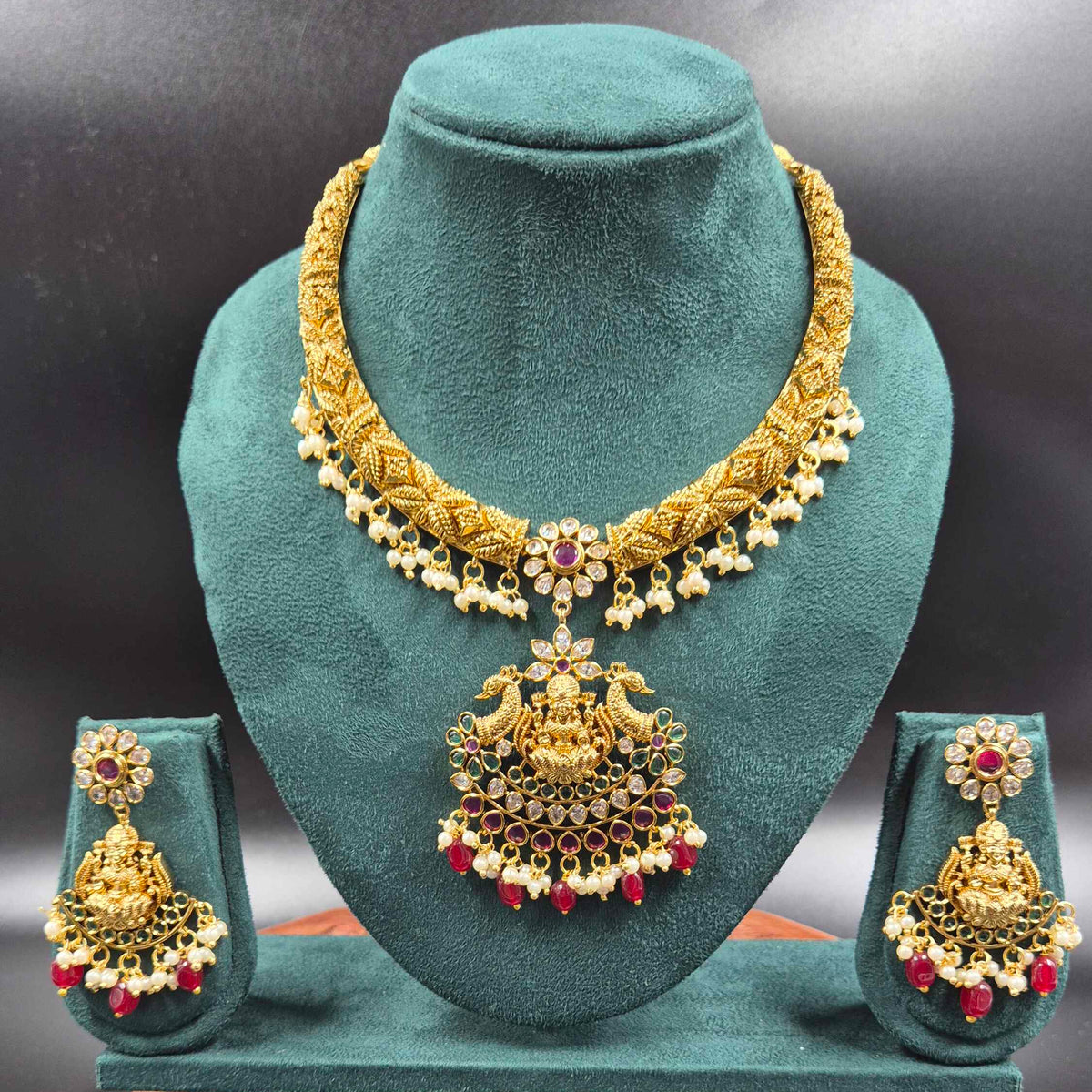 Hasli Necklace with Lakshmi Pendant & Pearl Drops | Traditional Temple Jewellery