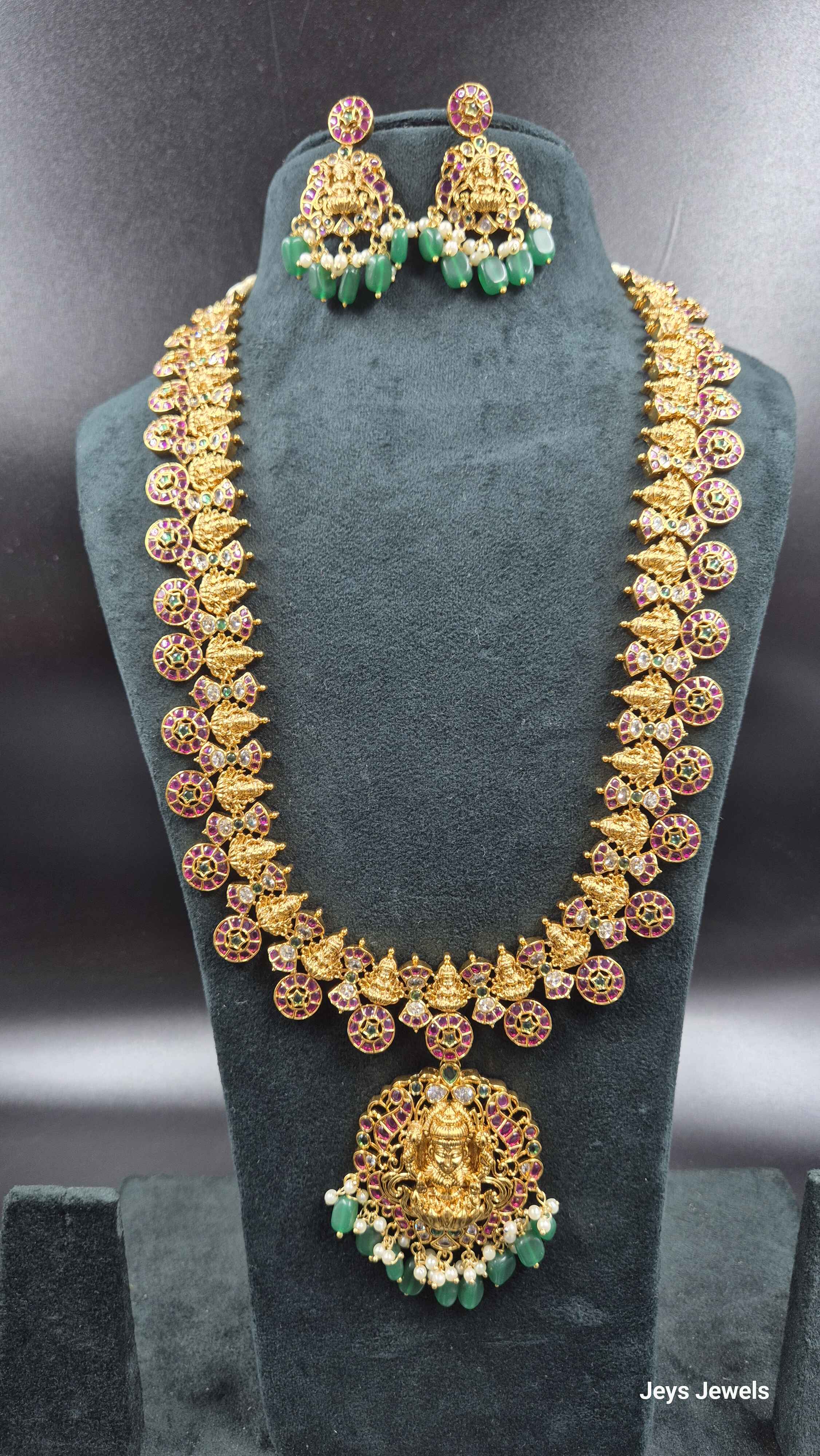 Kemp Stone Haram with Lakshmi Pendant & Green Beads | Traditional Bridal Jewellery
