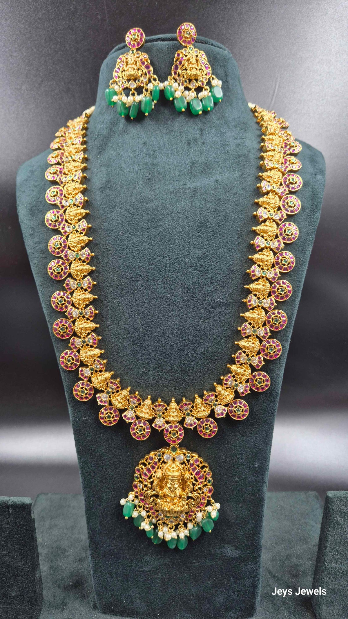 Kemp Stone Haram with Lakshmi Pendant & Green Beads | Traditional Bridal Jewellery