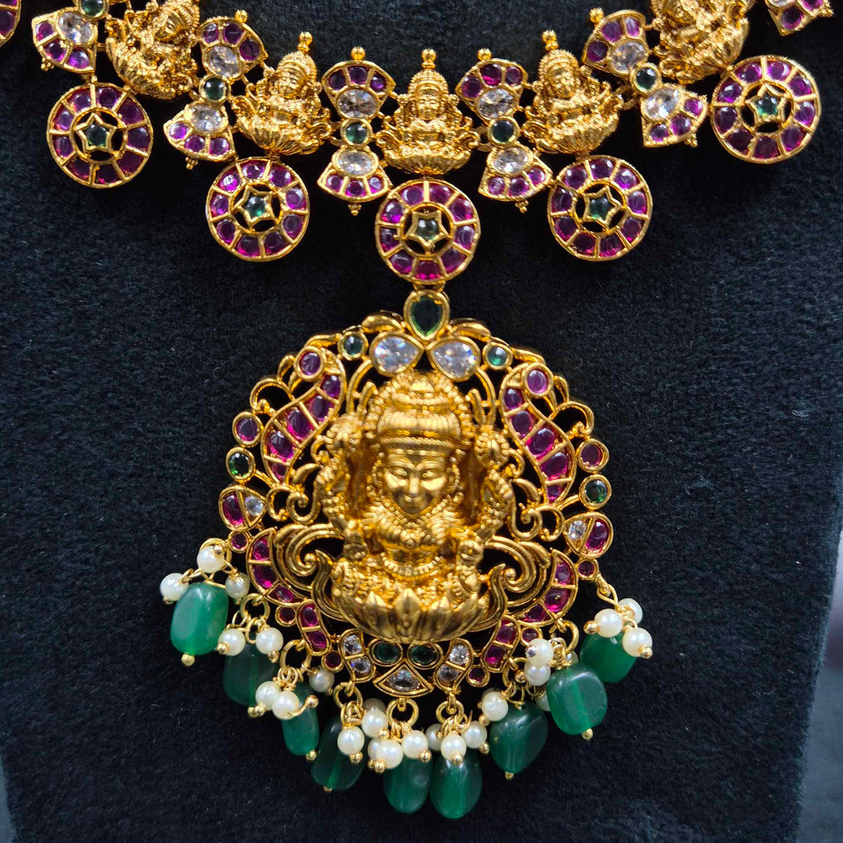 Kemp Stone Haram with Lakshmi Pendant & Green Beads | Traditional Bridal Jewellery
