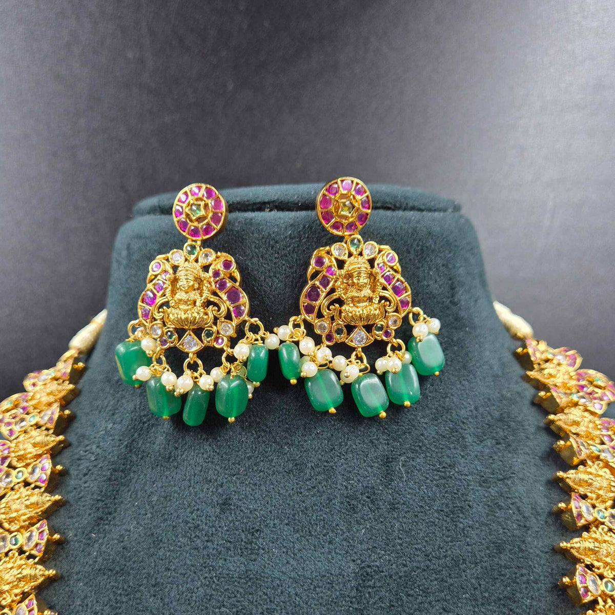 Kemp Stone Haram with Lakshmi Pendant & Green Beads | Traditional Bridal Jewellery