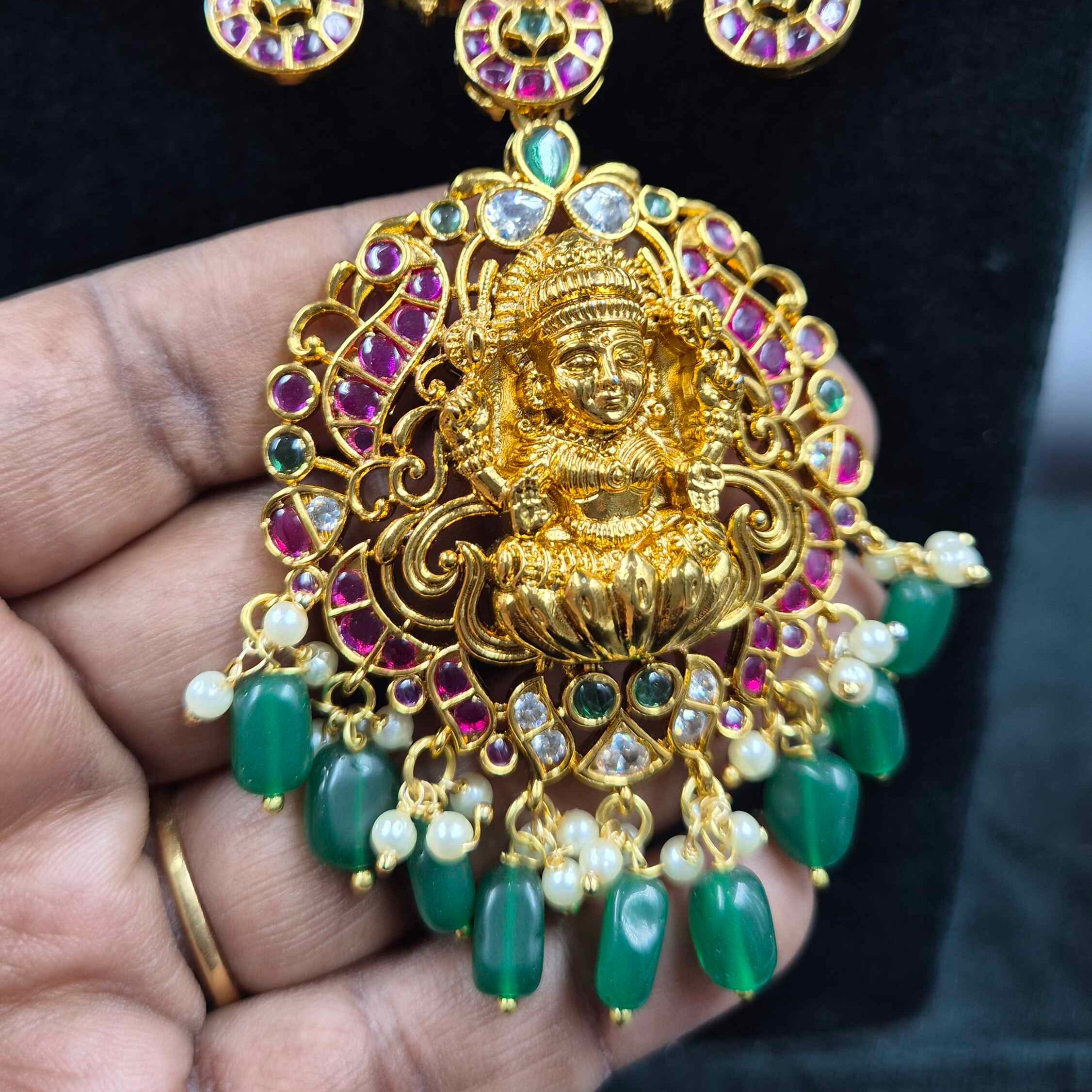 Kemp Stone Haram with Lakshmi Pendant & Green Beads | Traditional Bridal Jewellery