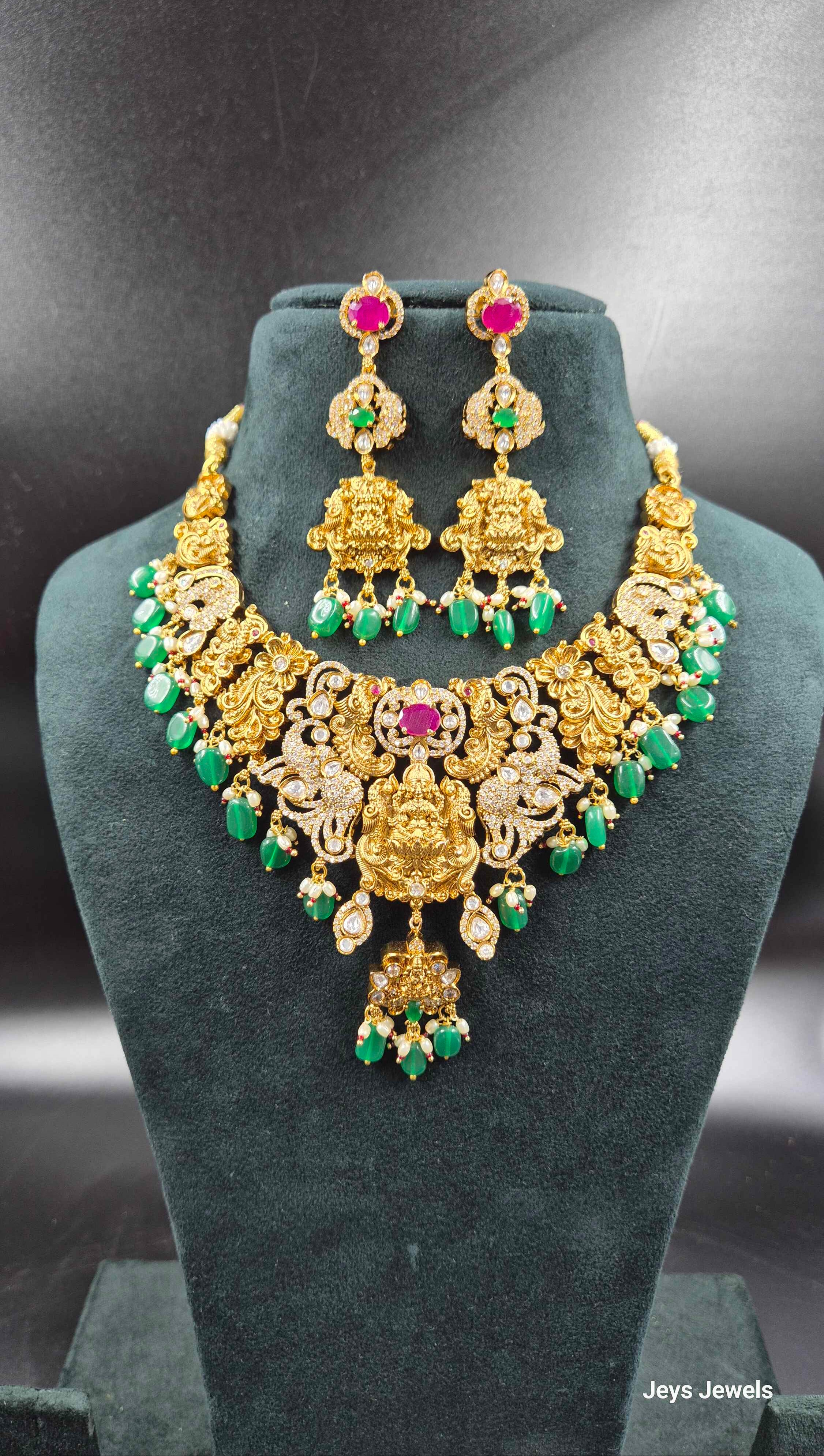 Jadau Kundan V-shaped Lakshmi choker  Necklace Set with Ruby & Green Beads | Bridal Jewellery