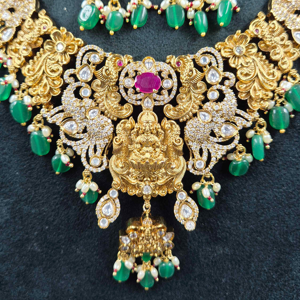 Jadau Kundan V-shaped Lakshmi choker  Necklace Set with Ruby & Green Beads | Bridal Jewellery
