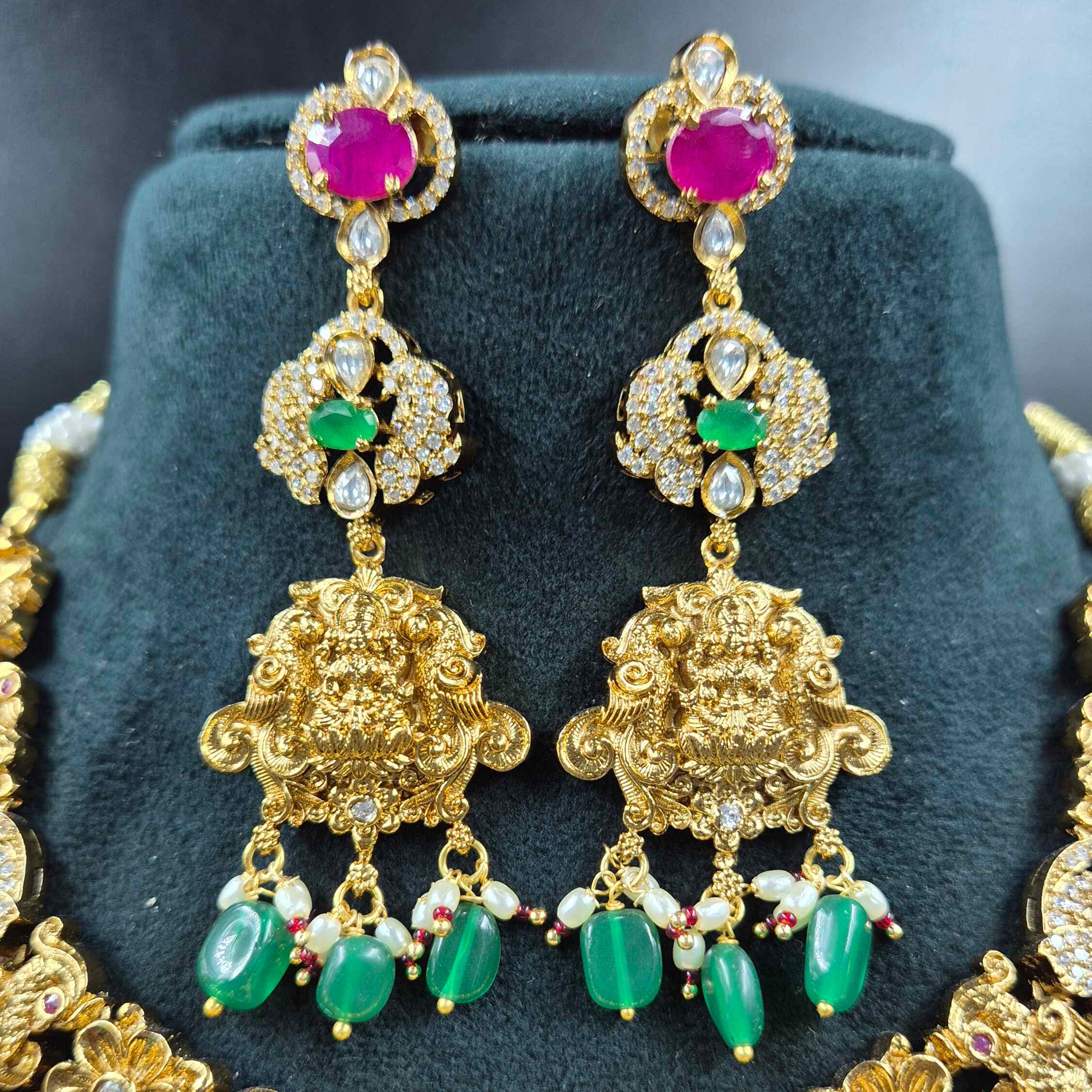 Jadau Kundan V-shaped Lakshmi choker  Necklace Set with Ruby & Green Beads | Bridal Jewellery