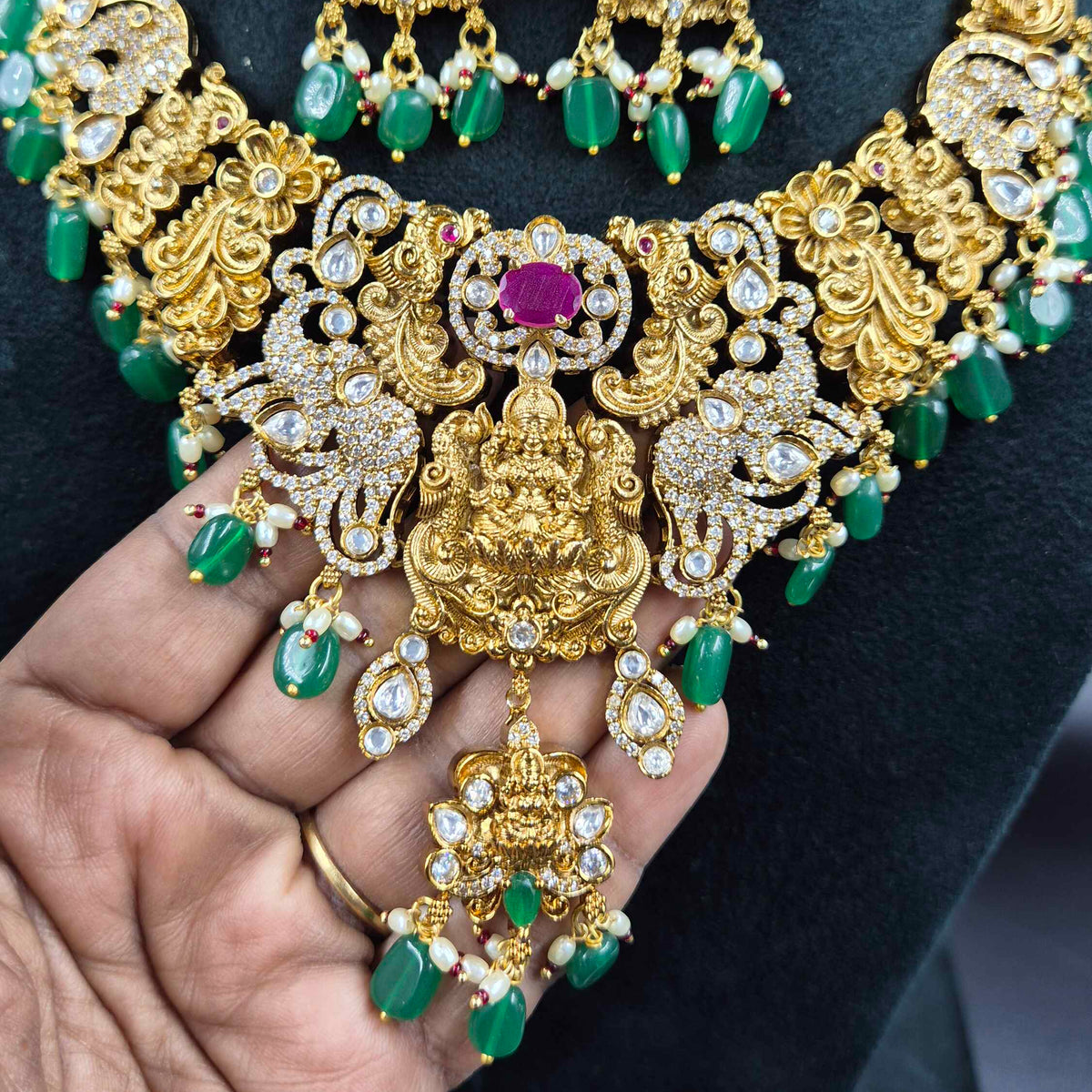 Jadau Kundan V-shaped Lakshmi choker  Necklace Set with Ruby & Green Beads | Bridal Jewellery