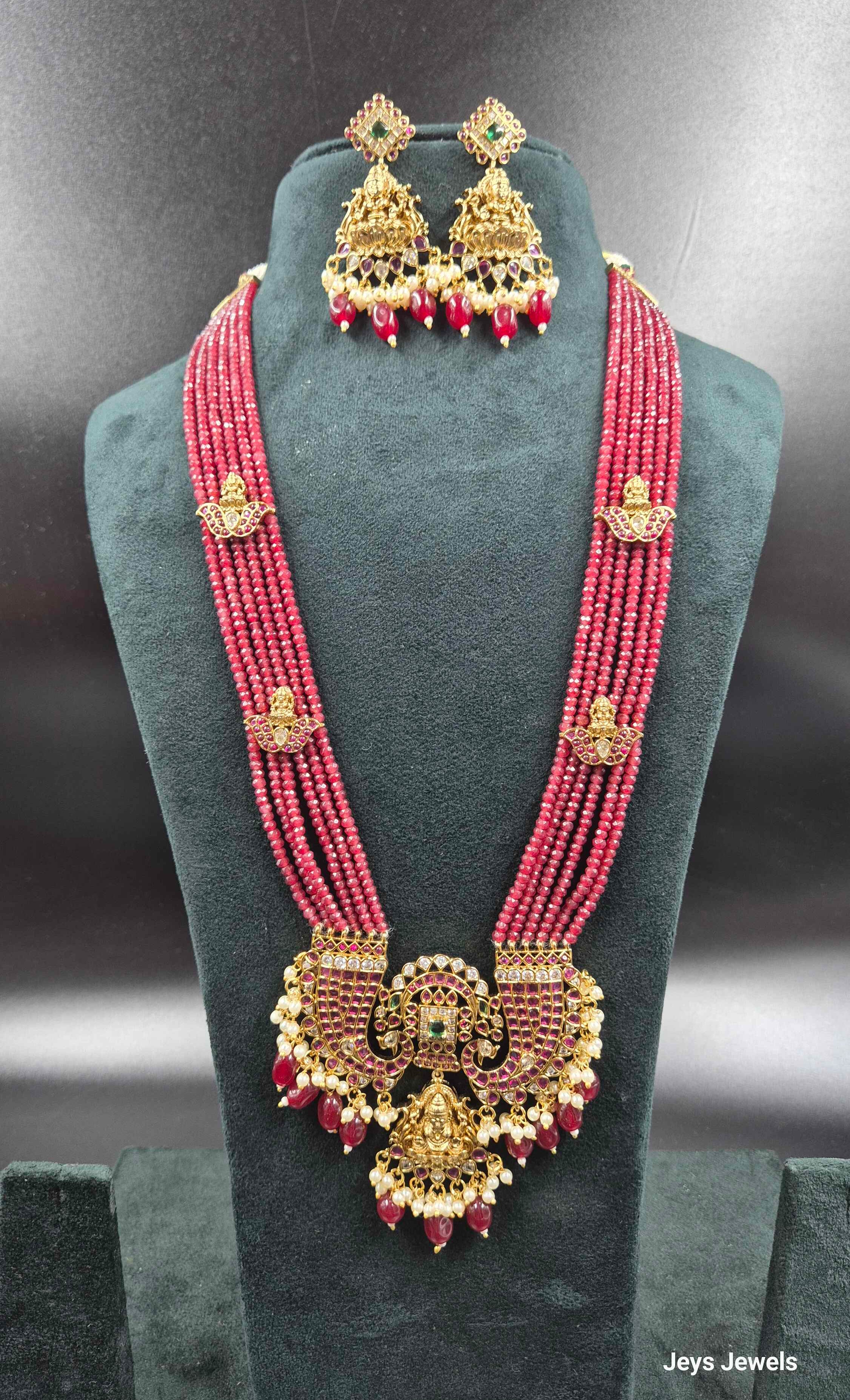 Ruby Beads 5 Strands Jadau Kundan Necklace Set with Lakshmi Pendant | Bridal Jewellery