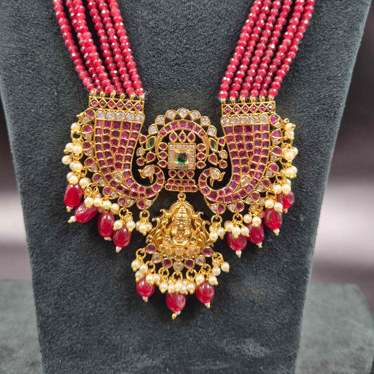 Ruby Beads 5 Strands Jadau Kundan Necklace Set with Lakshmi Pendant | Bridal Jewellery