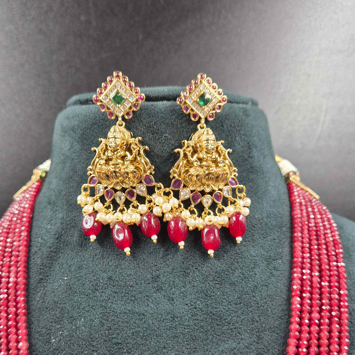 Ruby Beads 5 Strands Jadau Kundan Necklace Set with Lakshmi Pendant | Bridal Jewellery