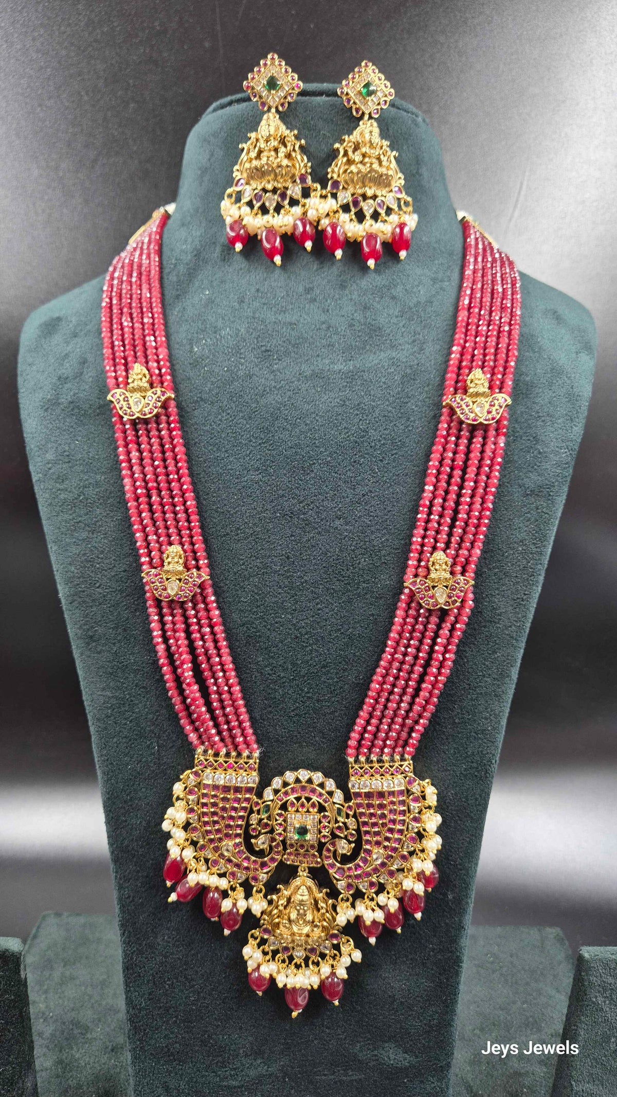Ruby Beads 5 Strands Jadau Kundan Necklace Set with Lakshmi Pendant | Bridal Jewellery