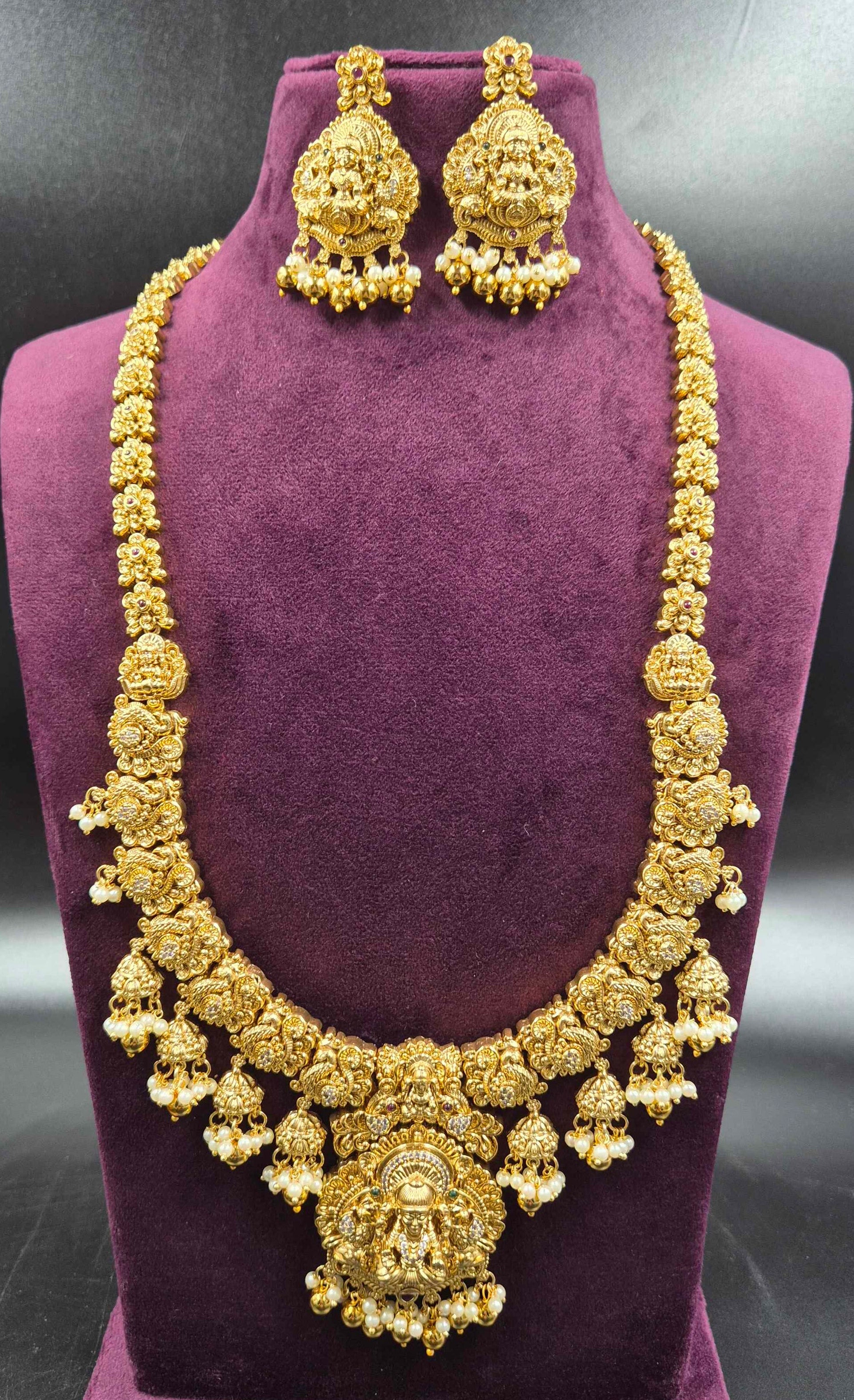 White Stone Temple Lakshmi  Haram Set with Pearl Drops | Bridal Jewellery
