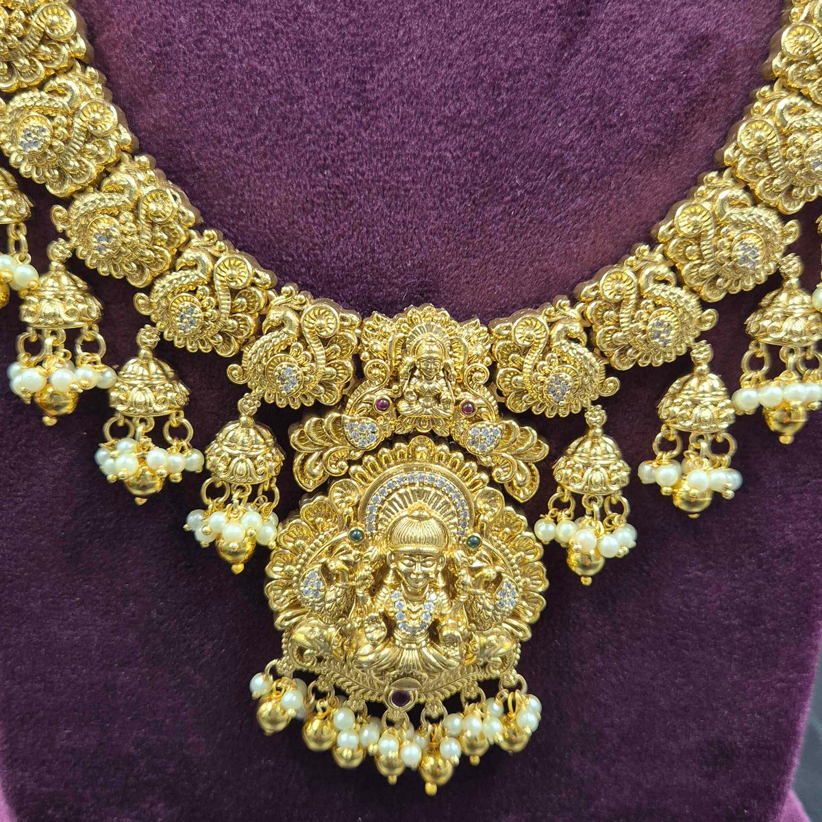 White Stone Temple Lakshmi  Haram Set with Pearl Drops | Bridal Jewellery