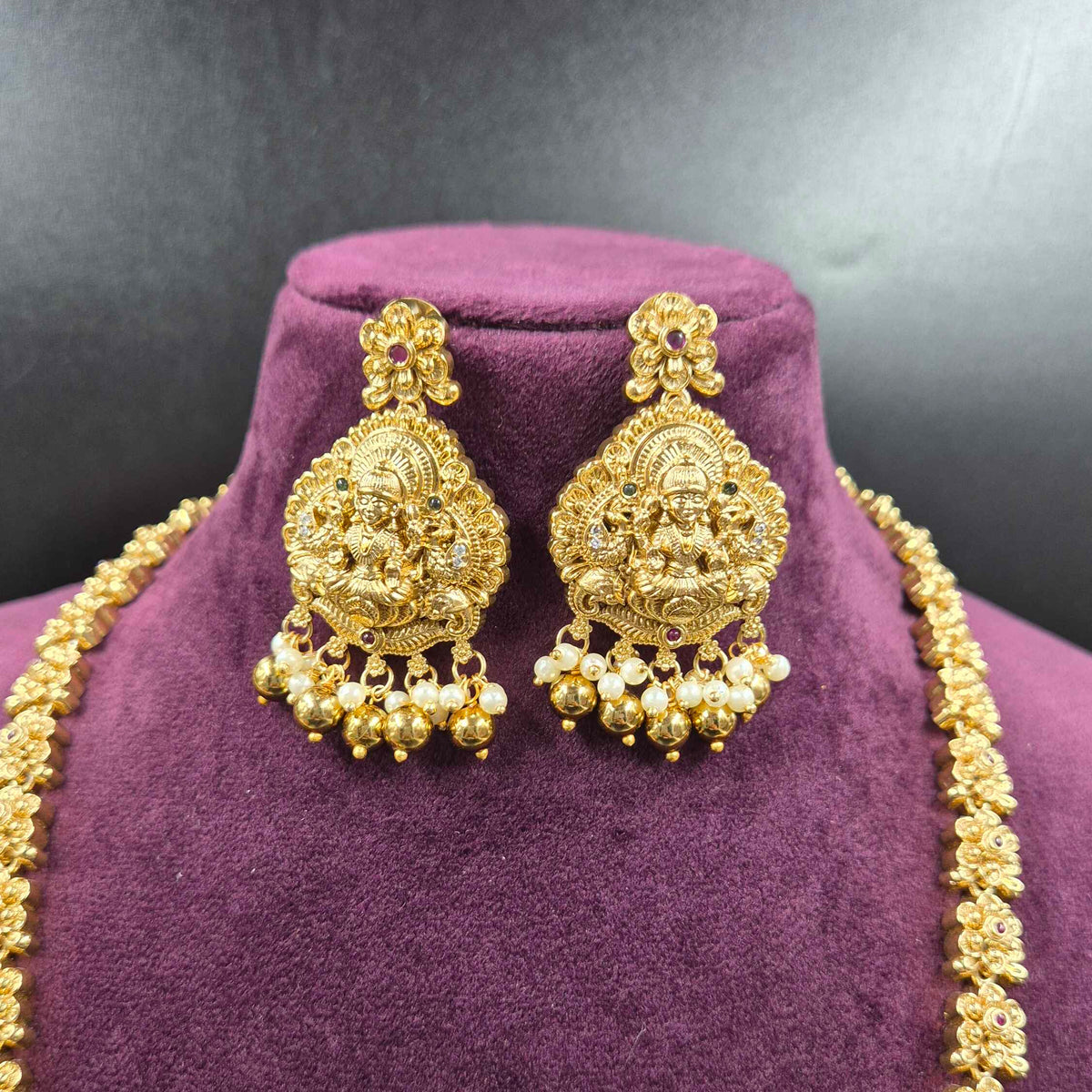 White Stone Temple Lakshmi  Haram Set with Pearl Drops | Bridal Jewellery