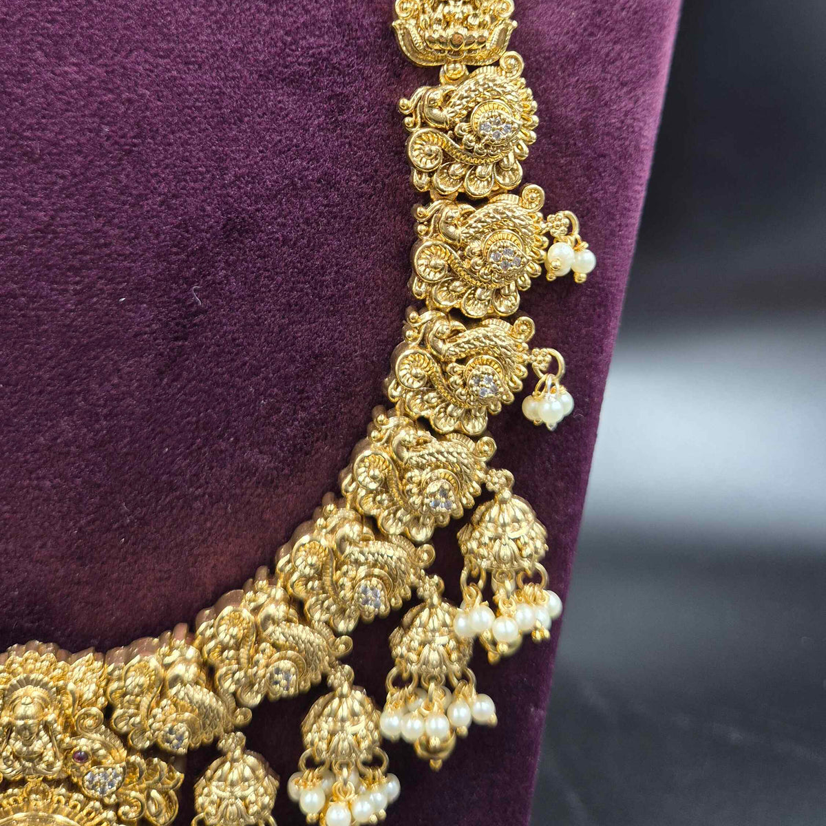 White Stone Temple Lakshmi  Haram Set with Pearl Drops | Bridal Jewellery