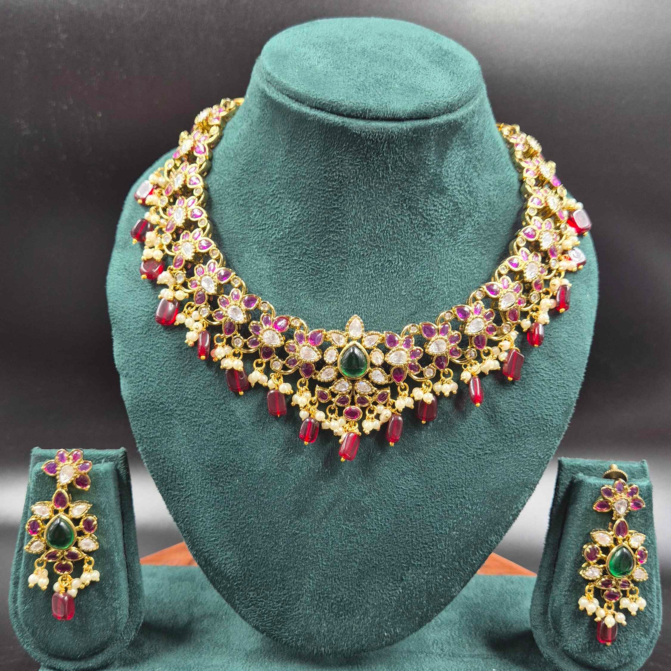 Ruby Green Stone Floral Necklace Set with Pearl Drops | Designer Jewellery