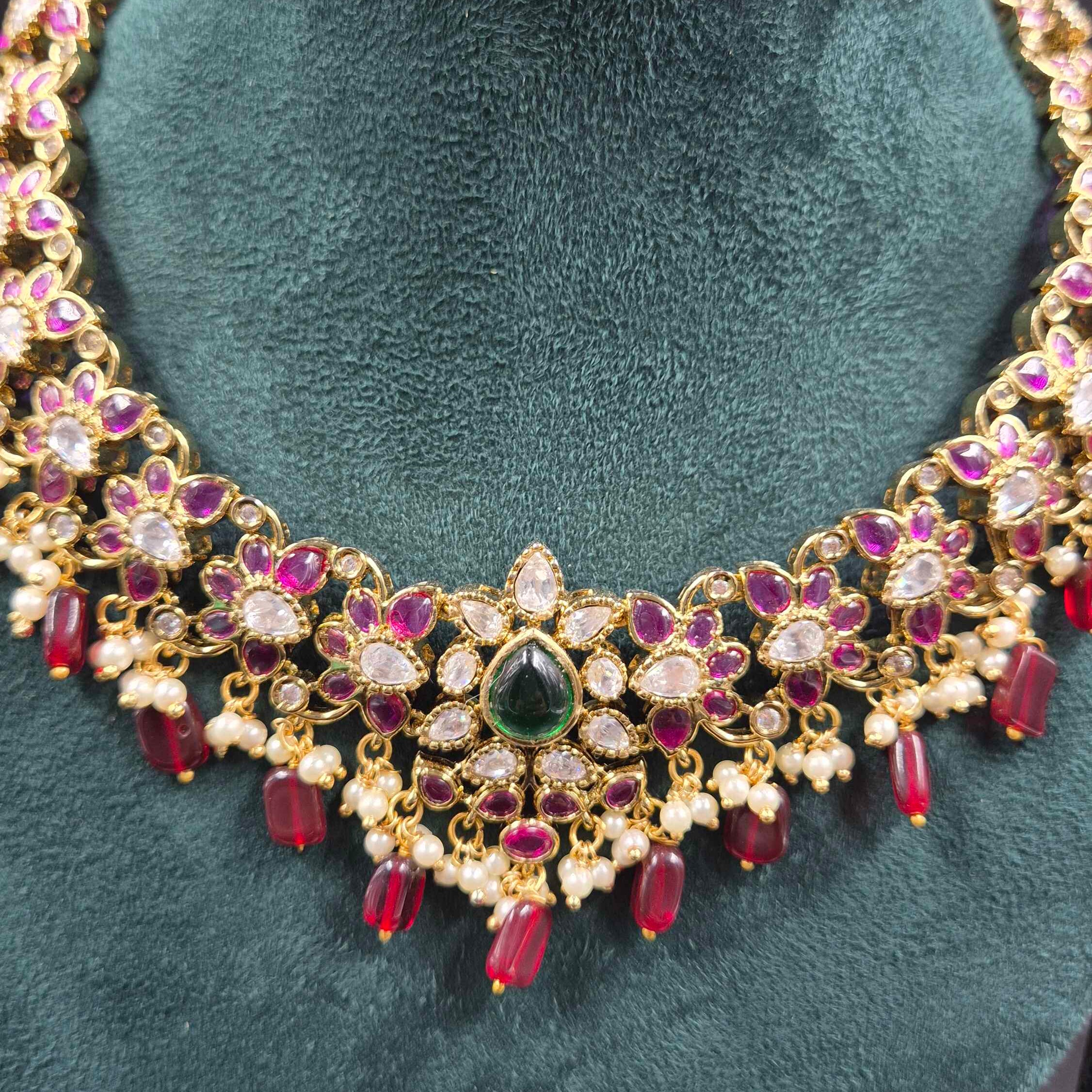 Ruby Green Stone Floral Necklace Set with Pearl Drops | Designer Jewellery