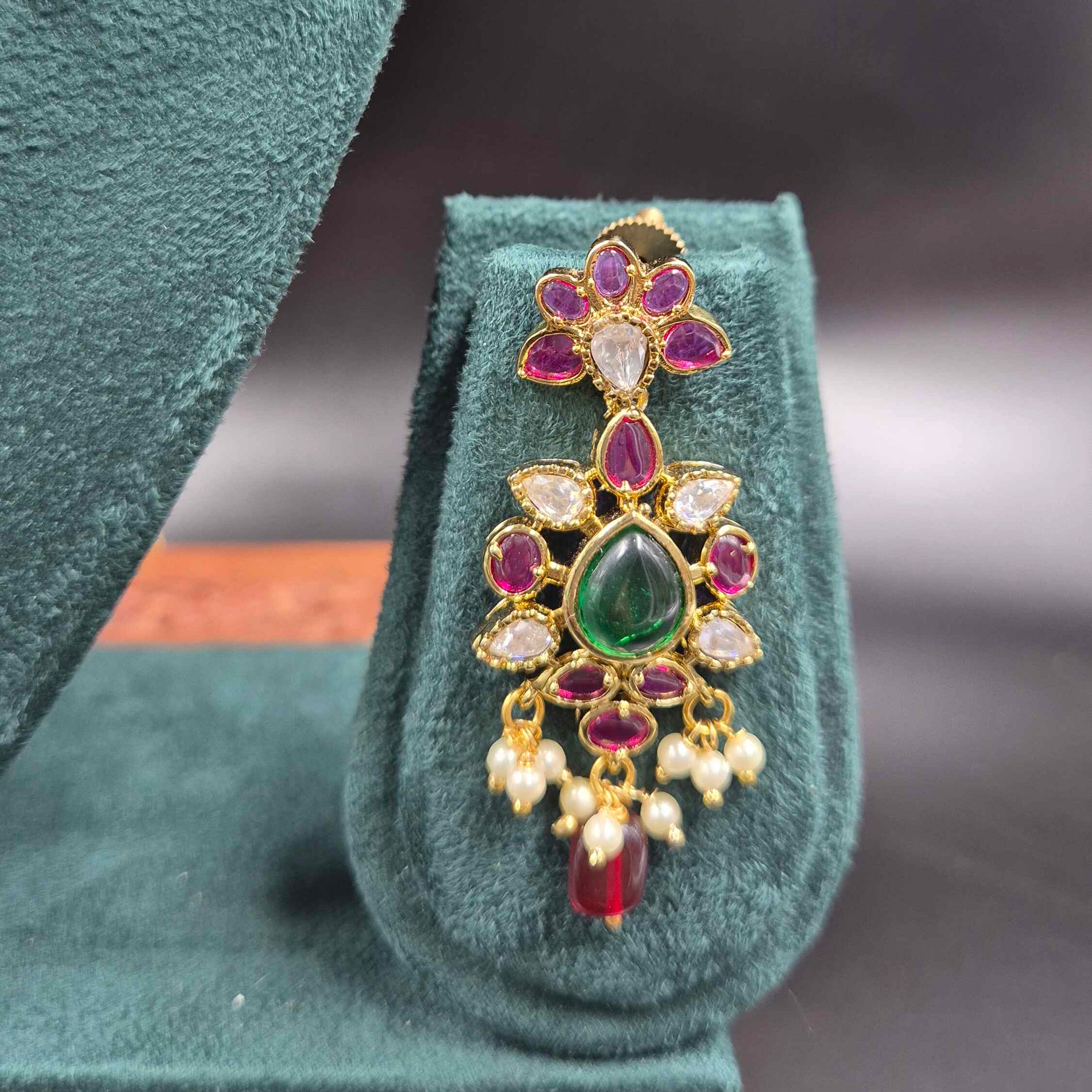 Ruby Green Stone Floral Necklace Set with Pearl Drops | Designer Jewellery